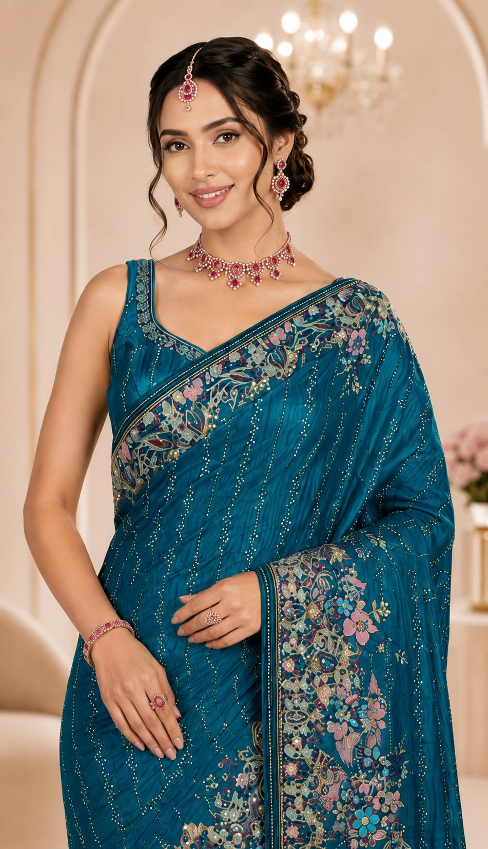 Teal Peacock Woven Work Satin Saree
