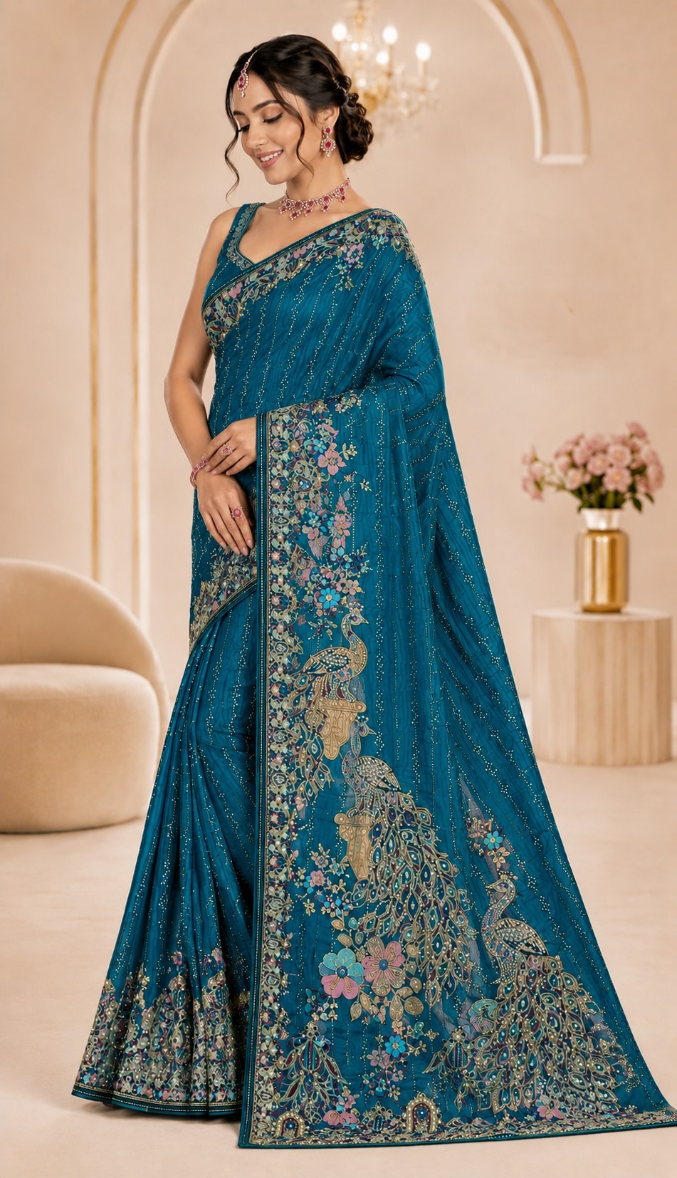 Teal Peacock Woven Work Satin Saree
