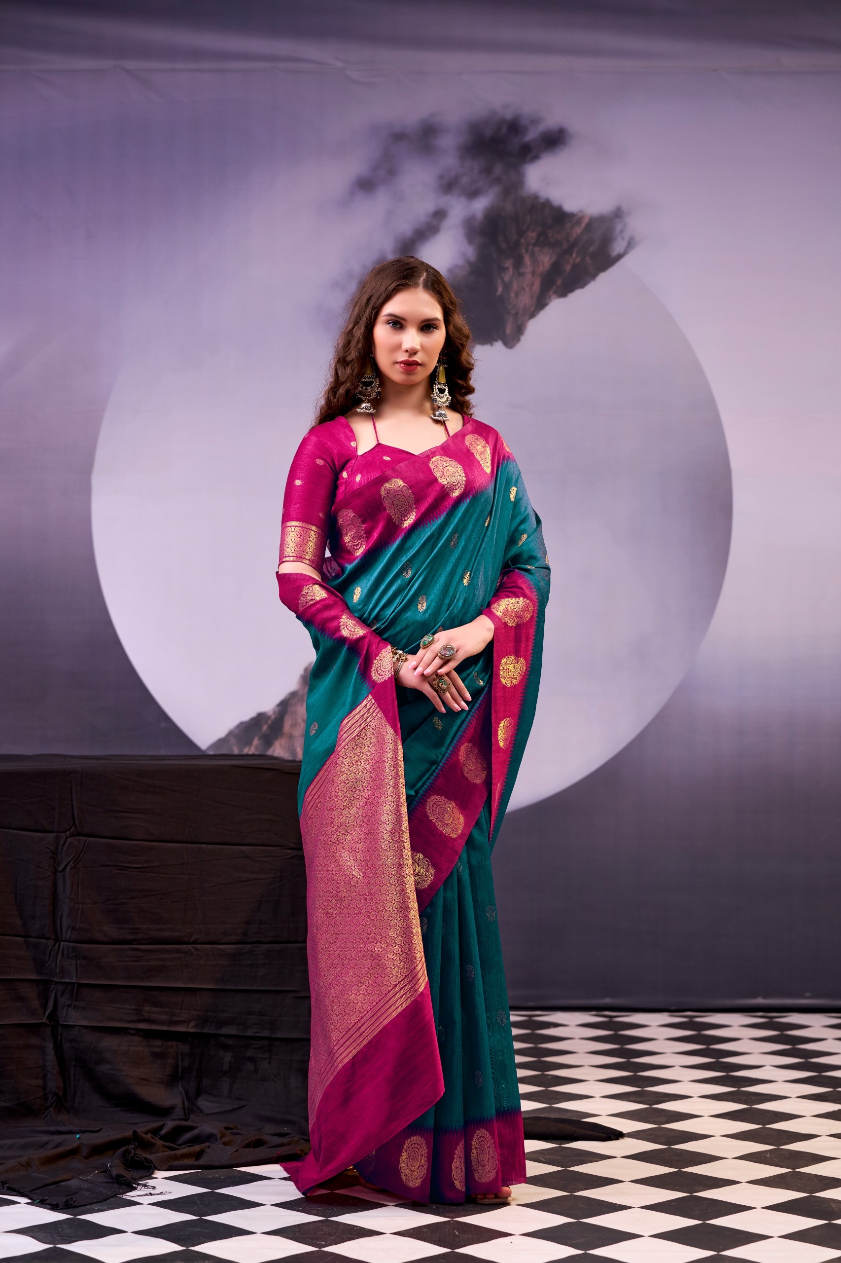 Teal Pink Woven Poly Cotton Saree — alternate view
