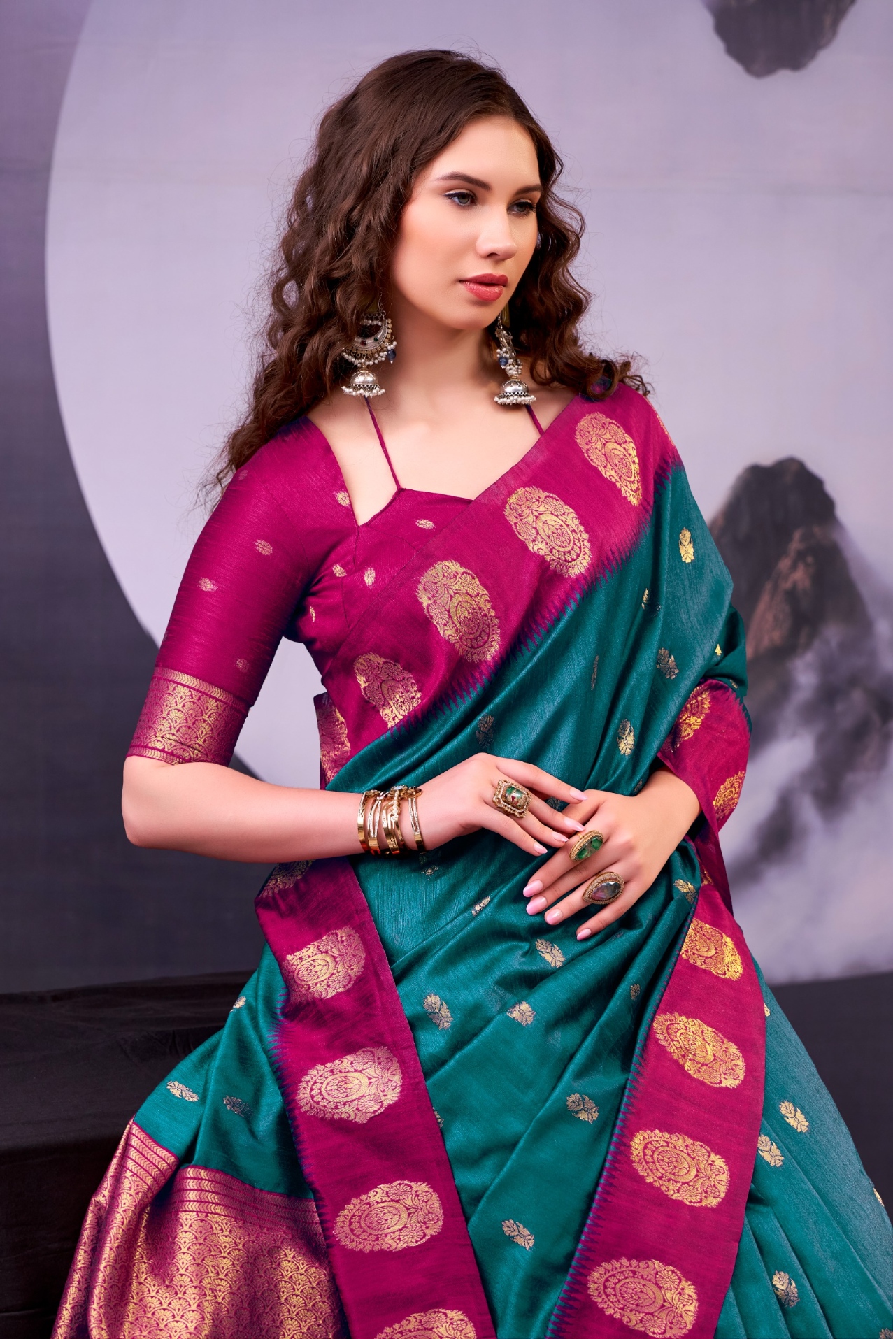 Teal Pink Woven Poly Cotton Saree