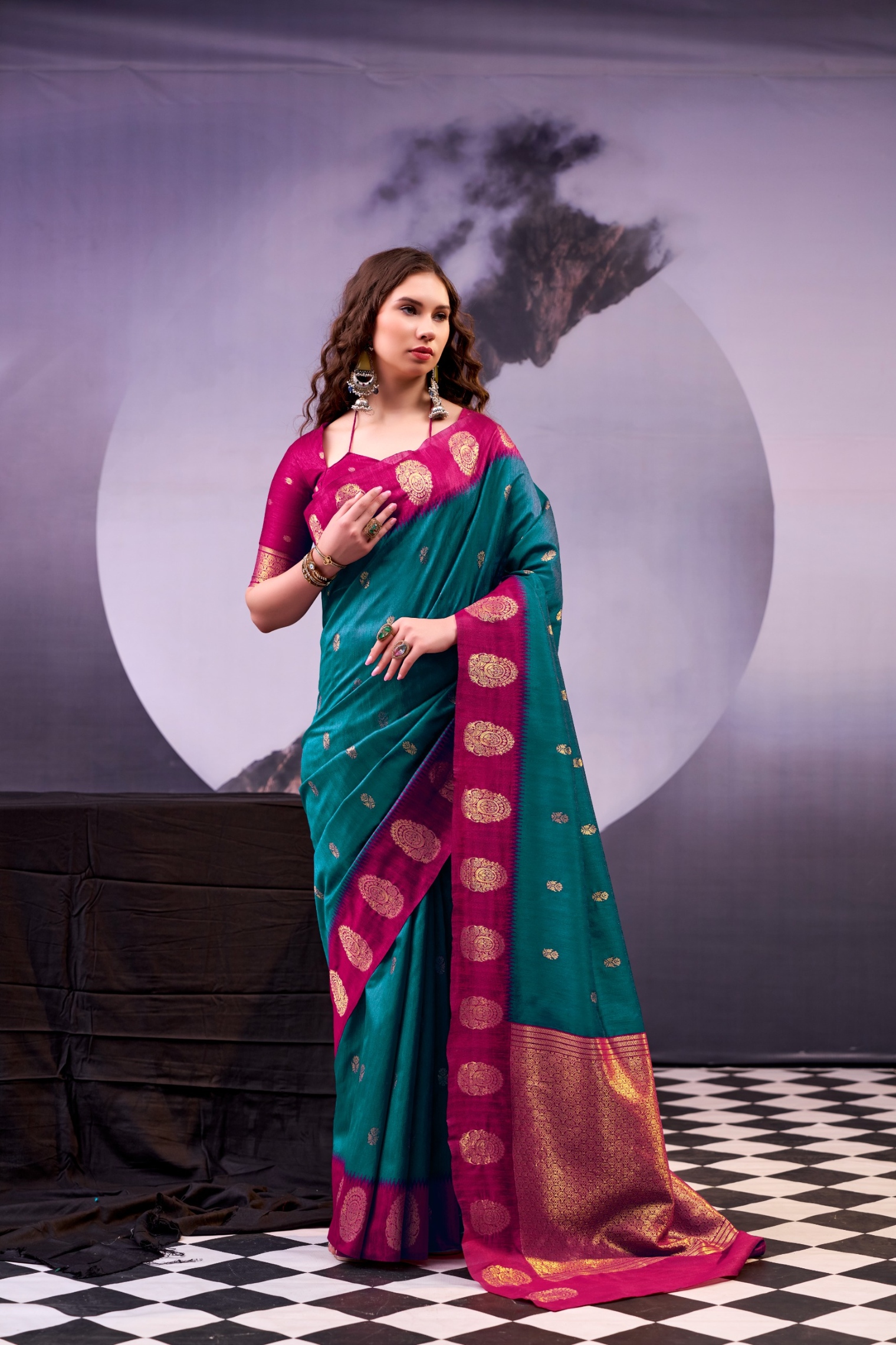 Teal Pink Woven Poly Cotton Saree