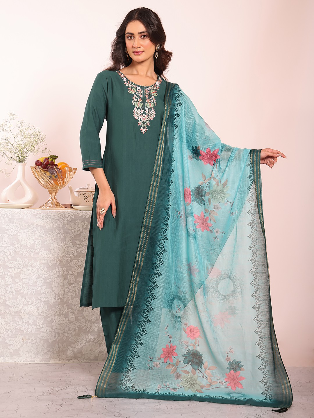 Teal Poly Silk Embroidered Salwar Suit