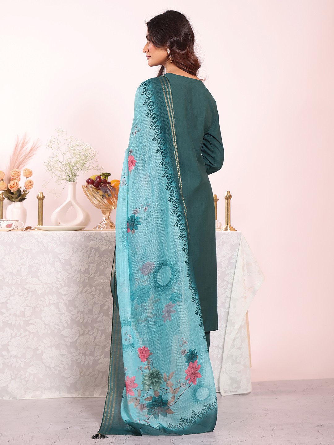 Teal Poly Silk Embroidered Salwar Suit — alternate view
