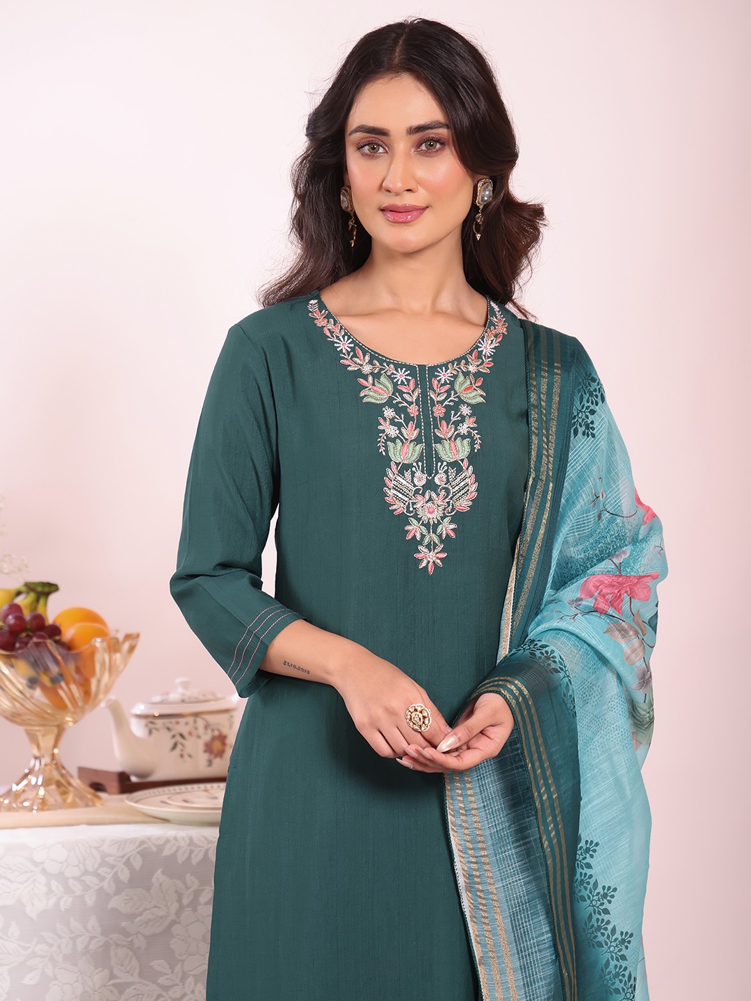 Teal Poly Silk Embroidered Salwar Suit