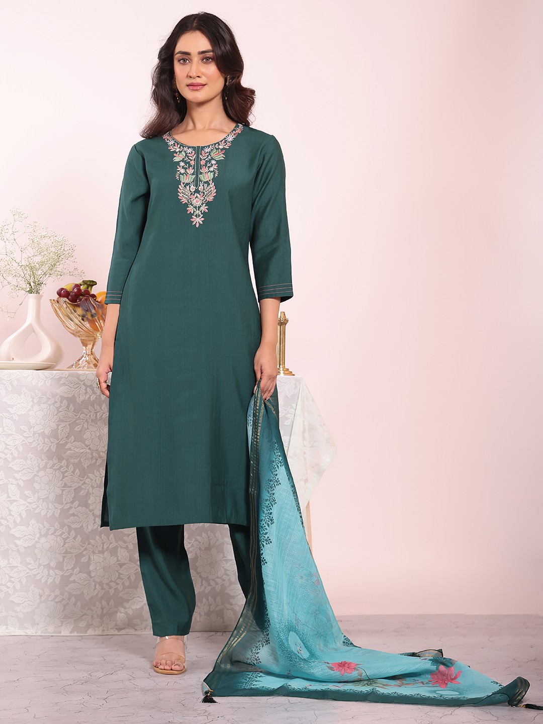 Teal Poly Silk Embroidered Salwar Suit