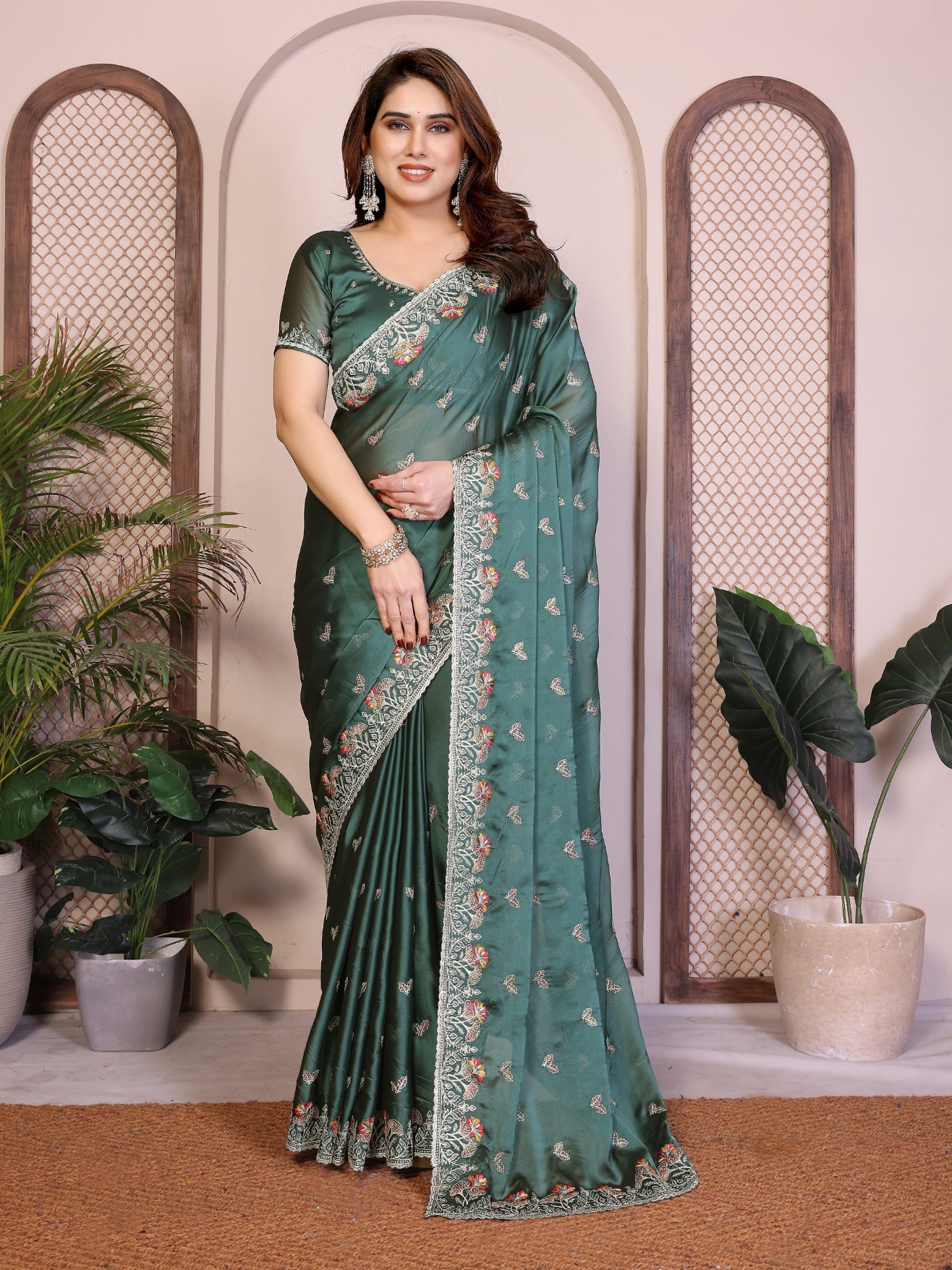 Teal Rangoli Silk Floral Embroidered Fluid Saree