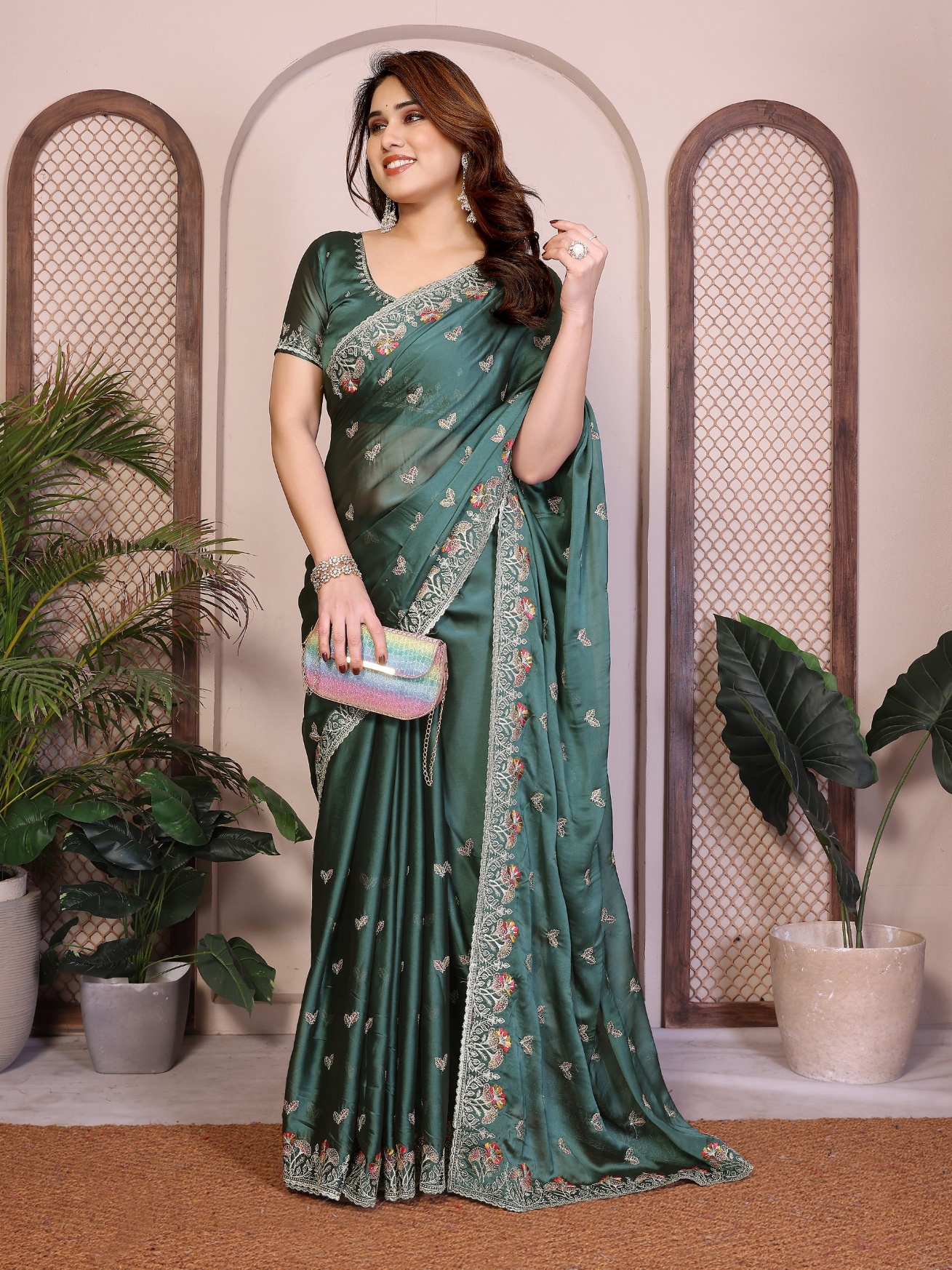 Teal Rangoli Silk Floral Embroidered Fluid Saree