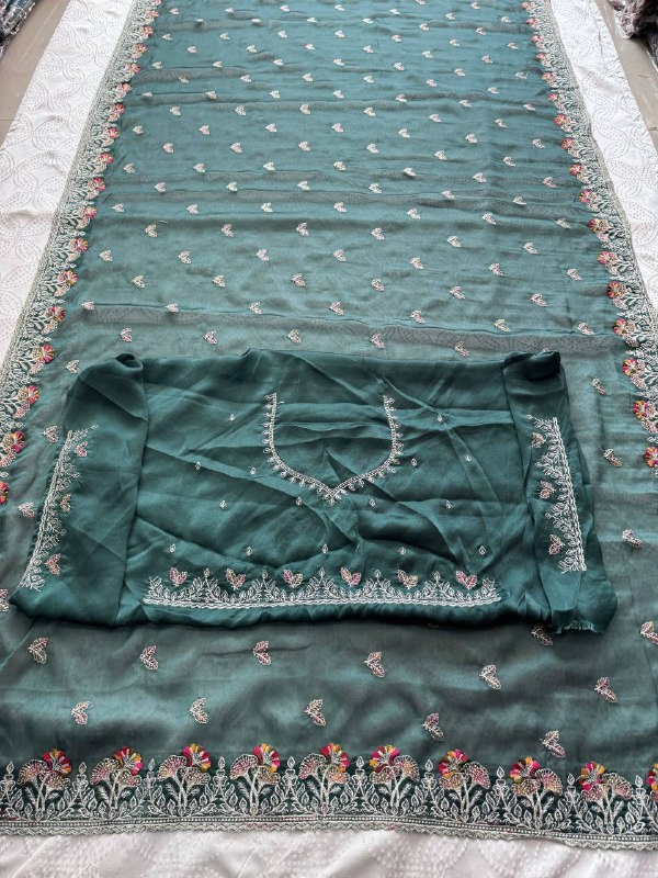 Teal Rangoli Silk Floral Embroidered Fluid Saree