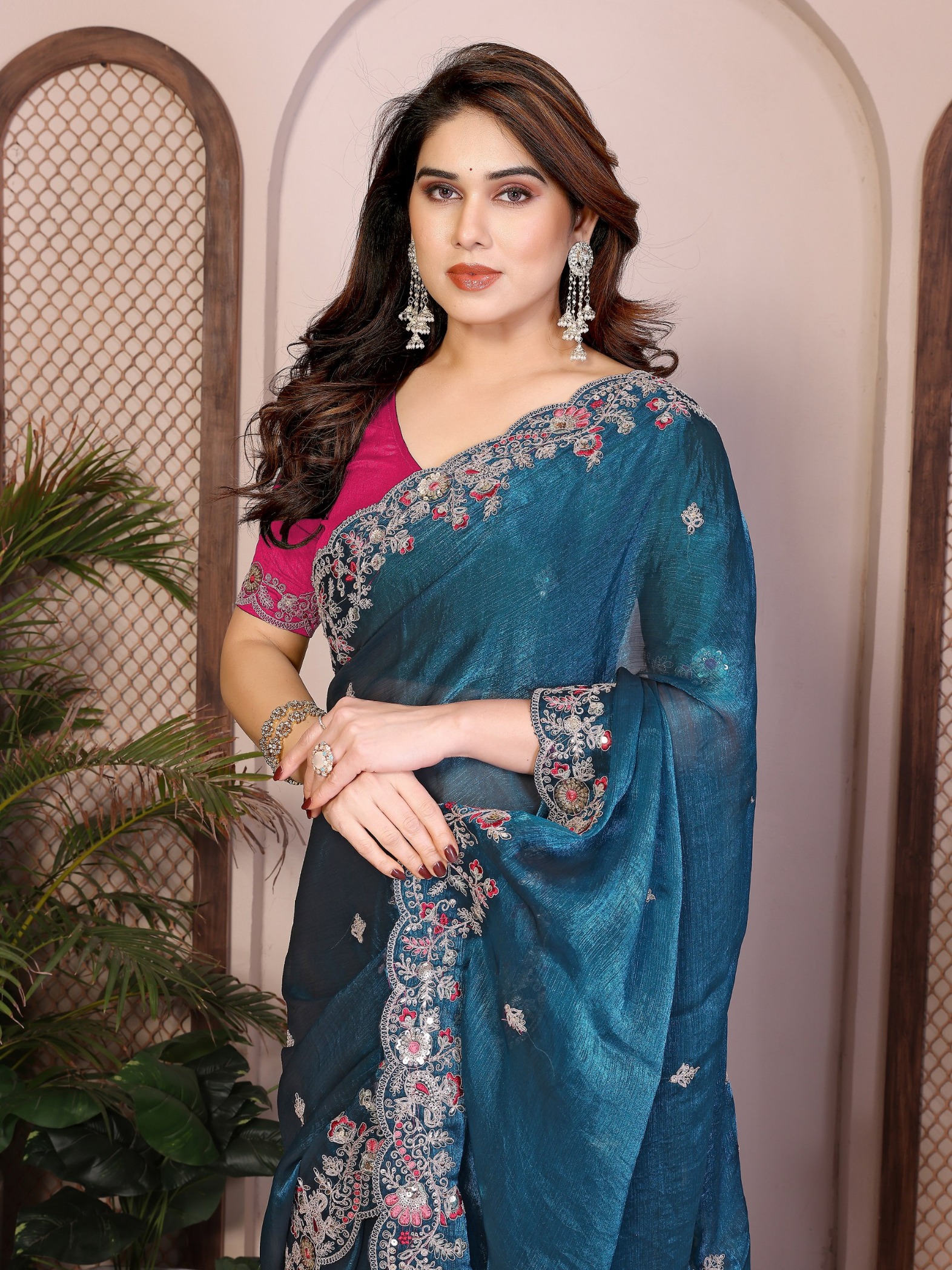Teal Rani Red Embroidered Fendy Saree — alternate view