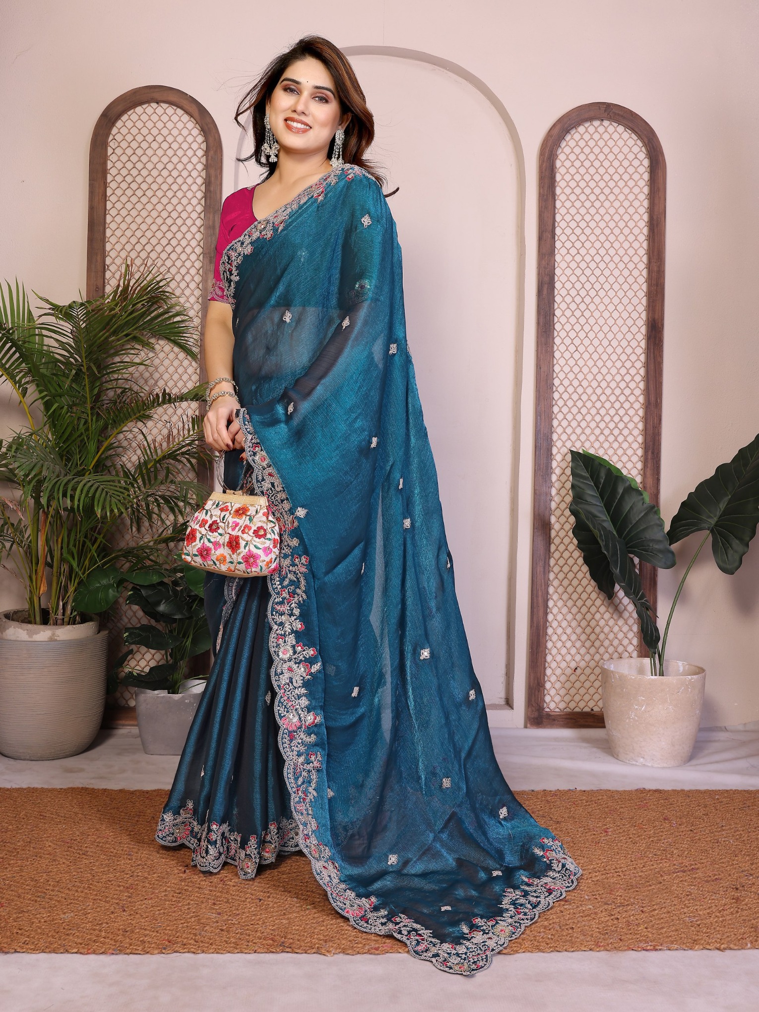 Teal Rani Red Embroidered Fendy Saree