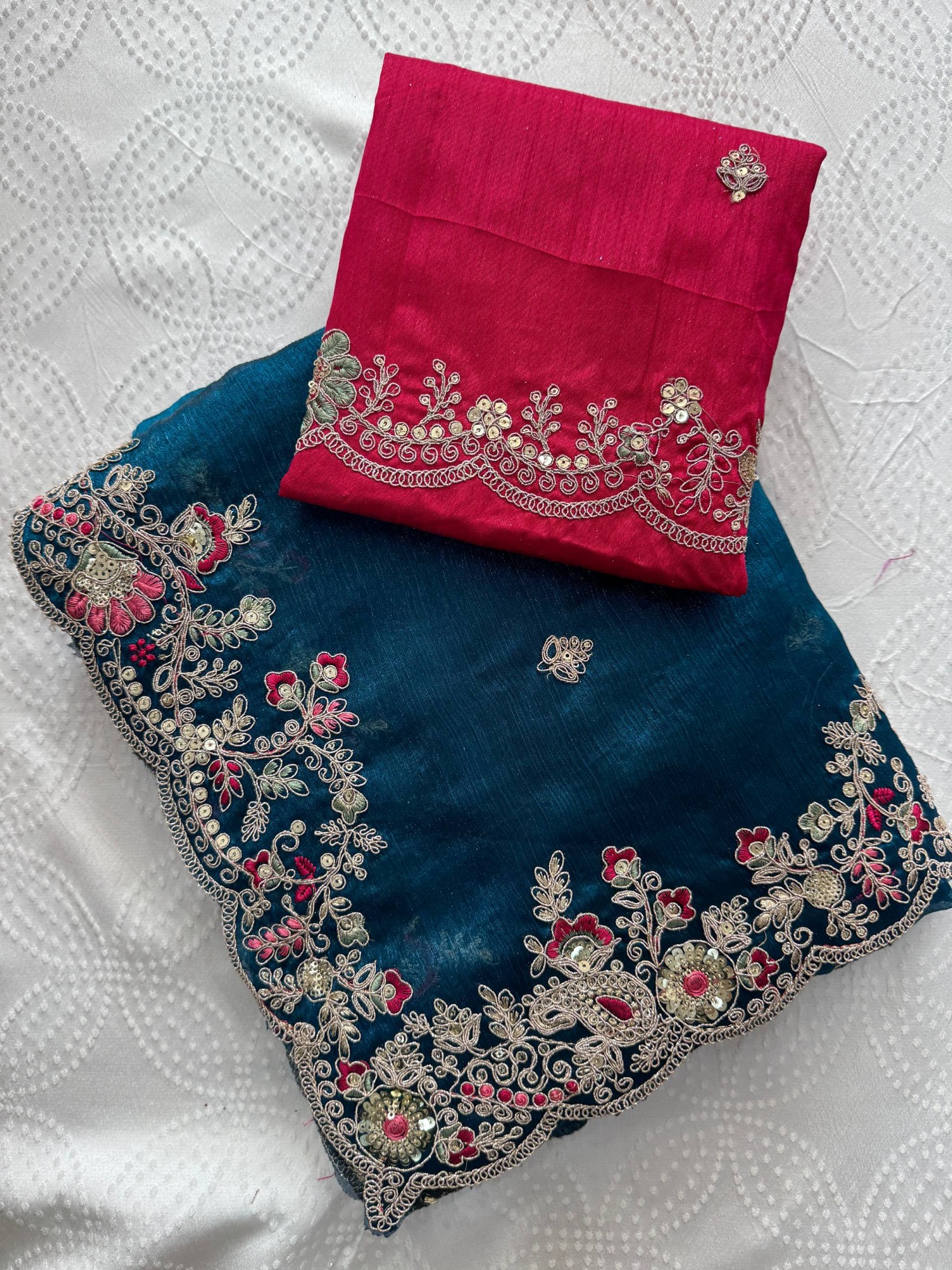 Teal Rani Red Embroidered Fendy Saree