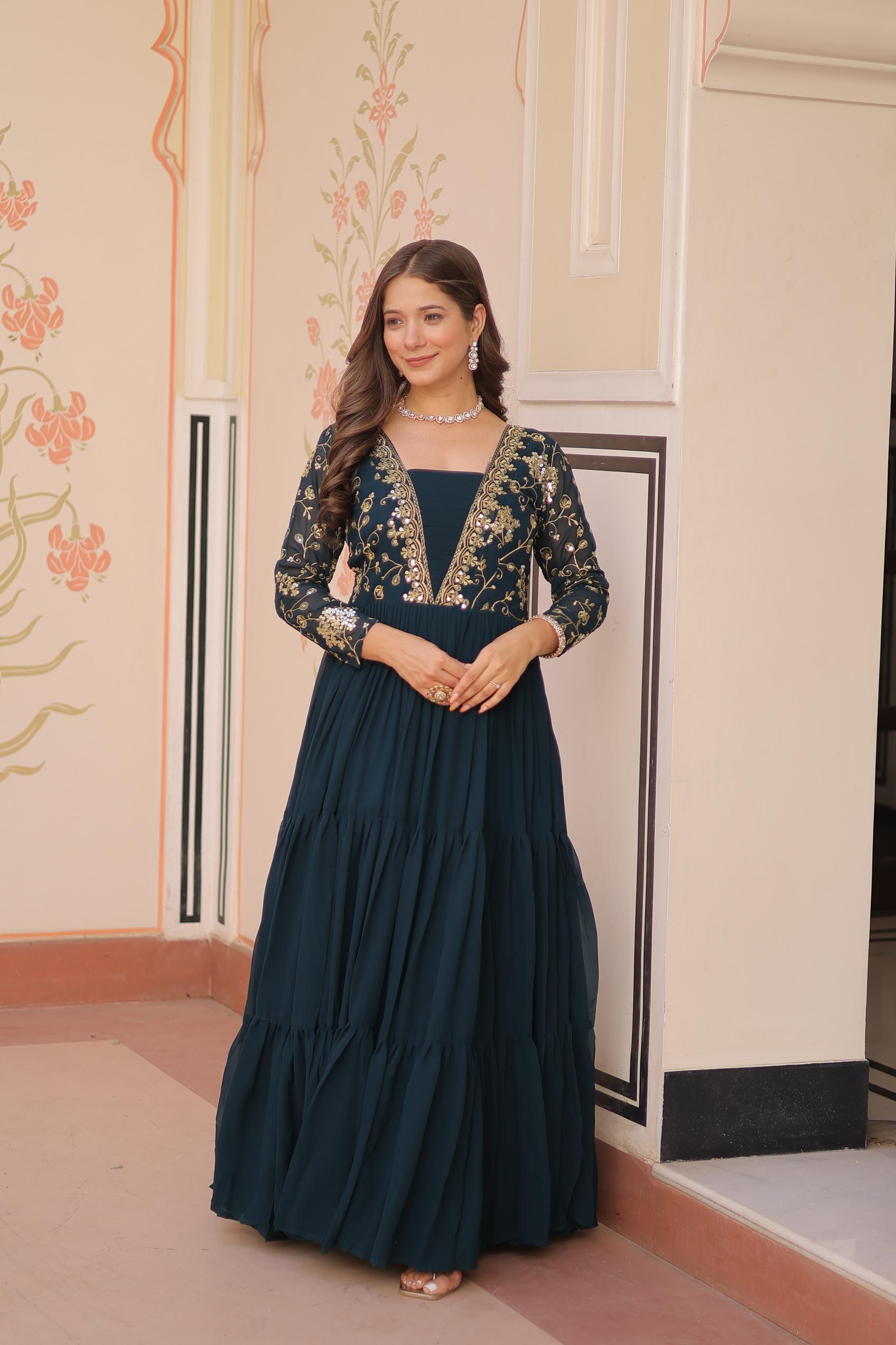 Teal Readymade Faux Georgette Gown