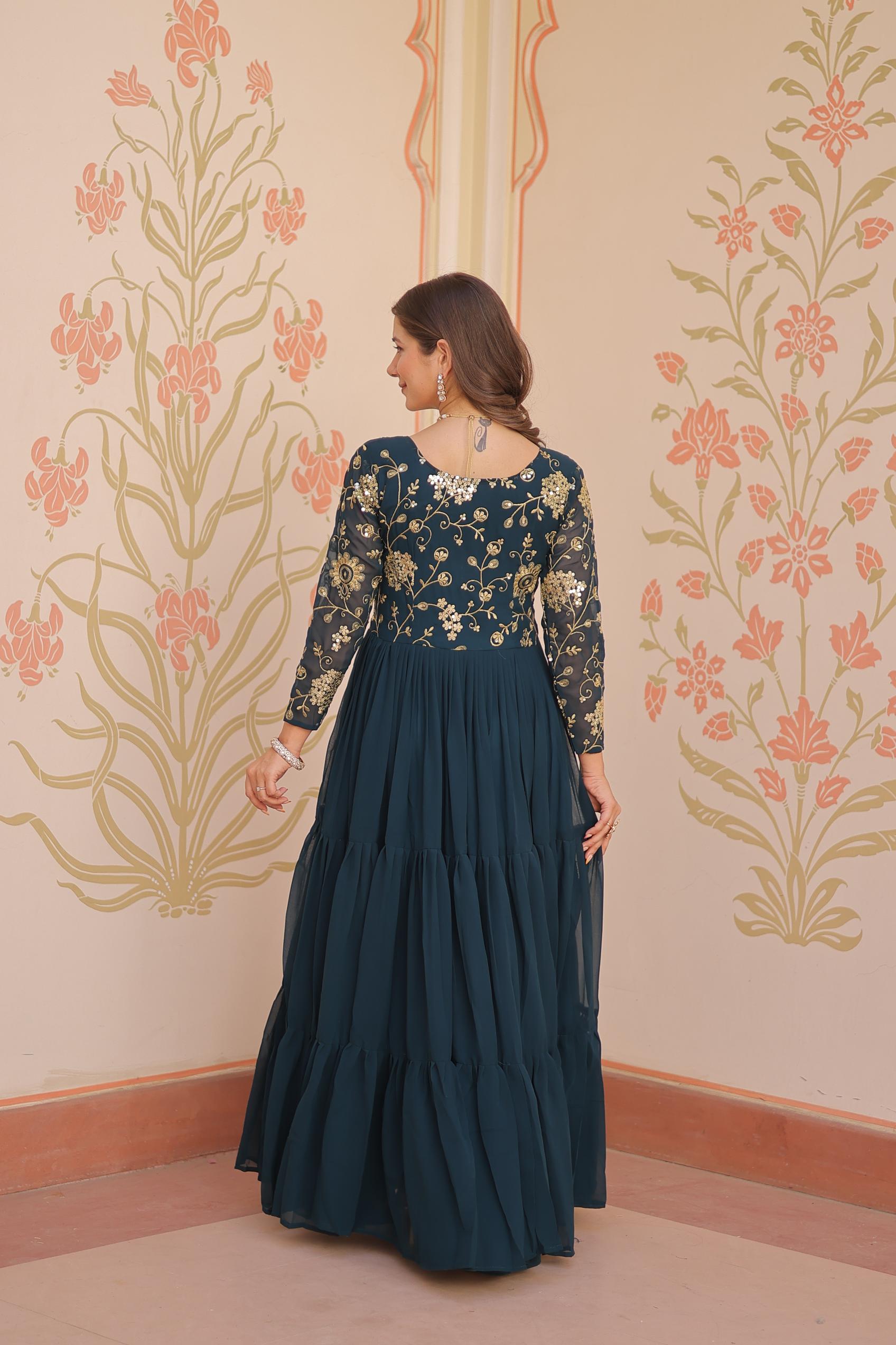 Teal Readymade Faux Georgette Gown — alternate view