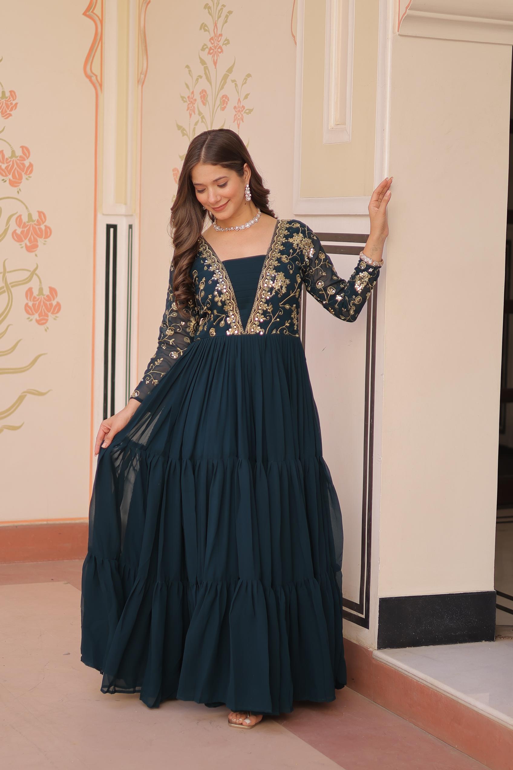 Teal Readymade Faux Georgette Gown