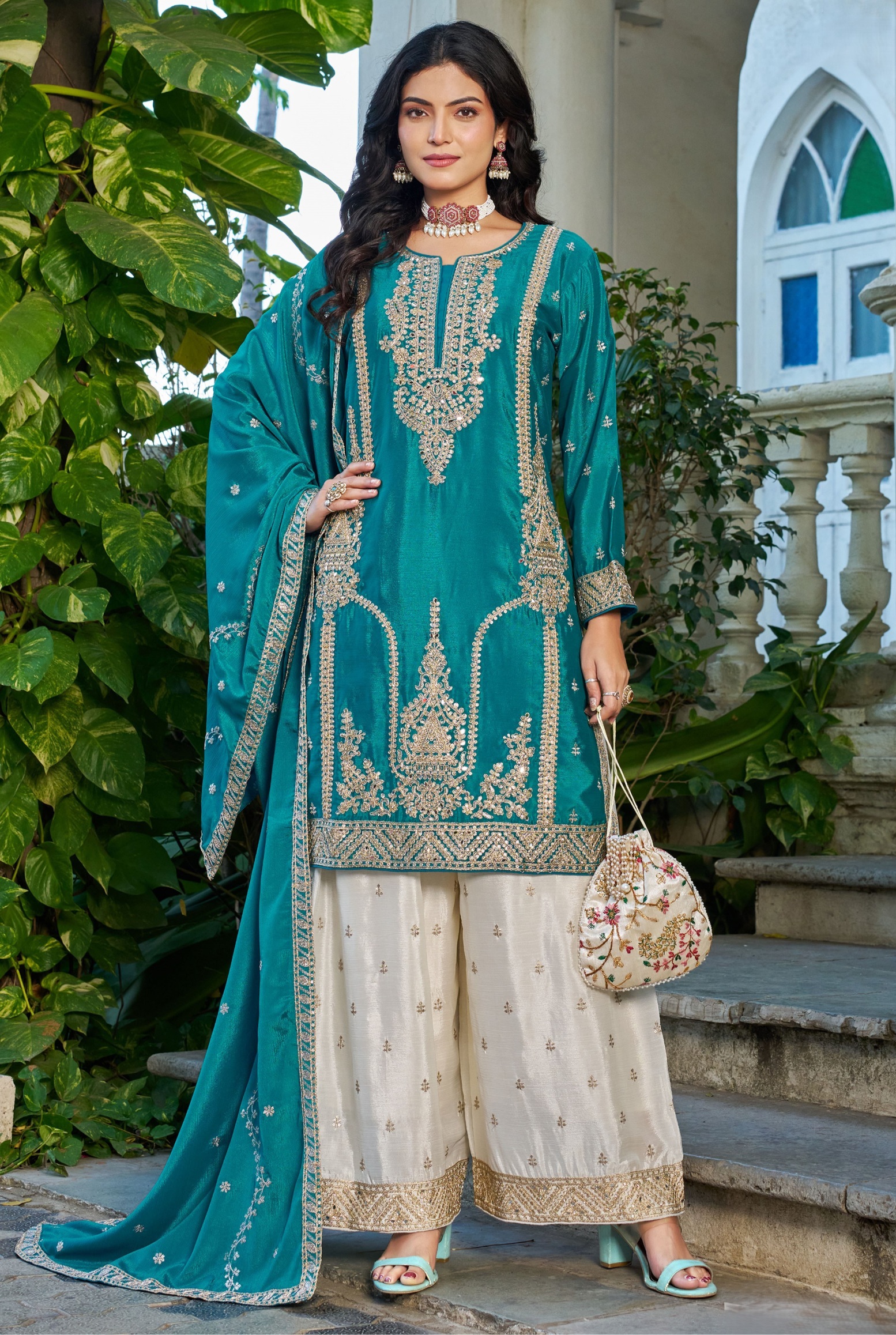 Teal Reception Embroidered Palazzo Suit
