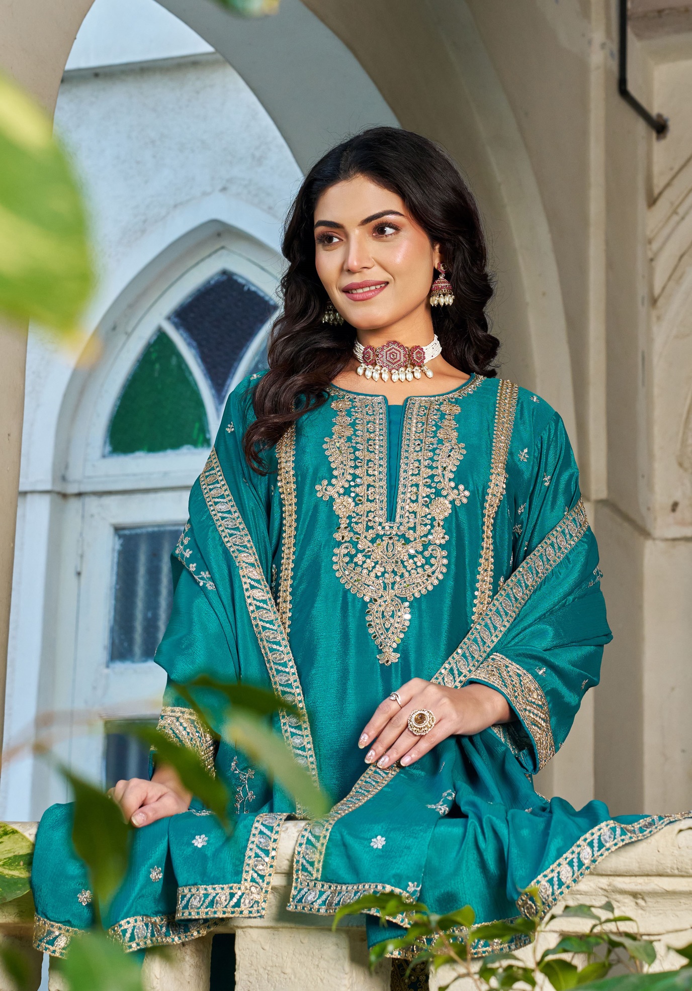 Teal Reception Embroidered Palazzo Suit — alternate view