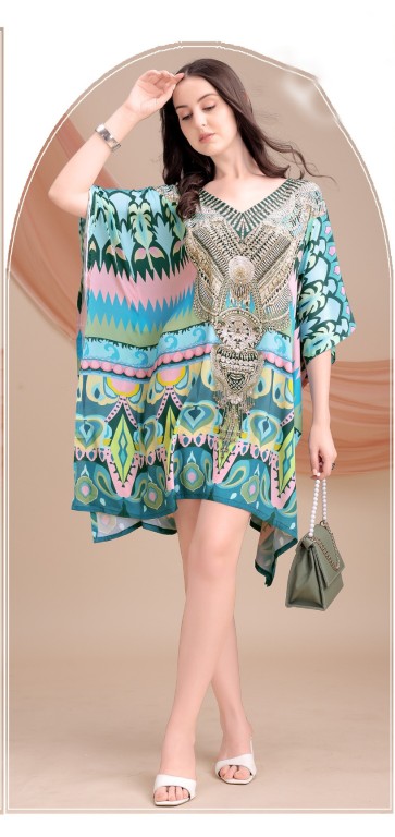 Teal Regal Medallion Feather Silk Kaftan