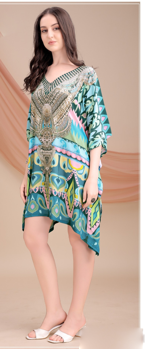 Teal Regal Medallion Feather Silk Kaftan