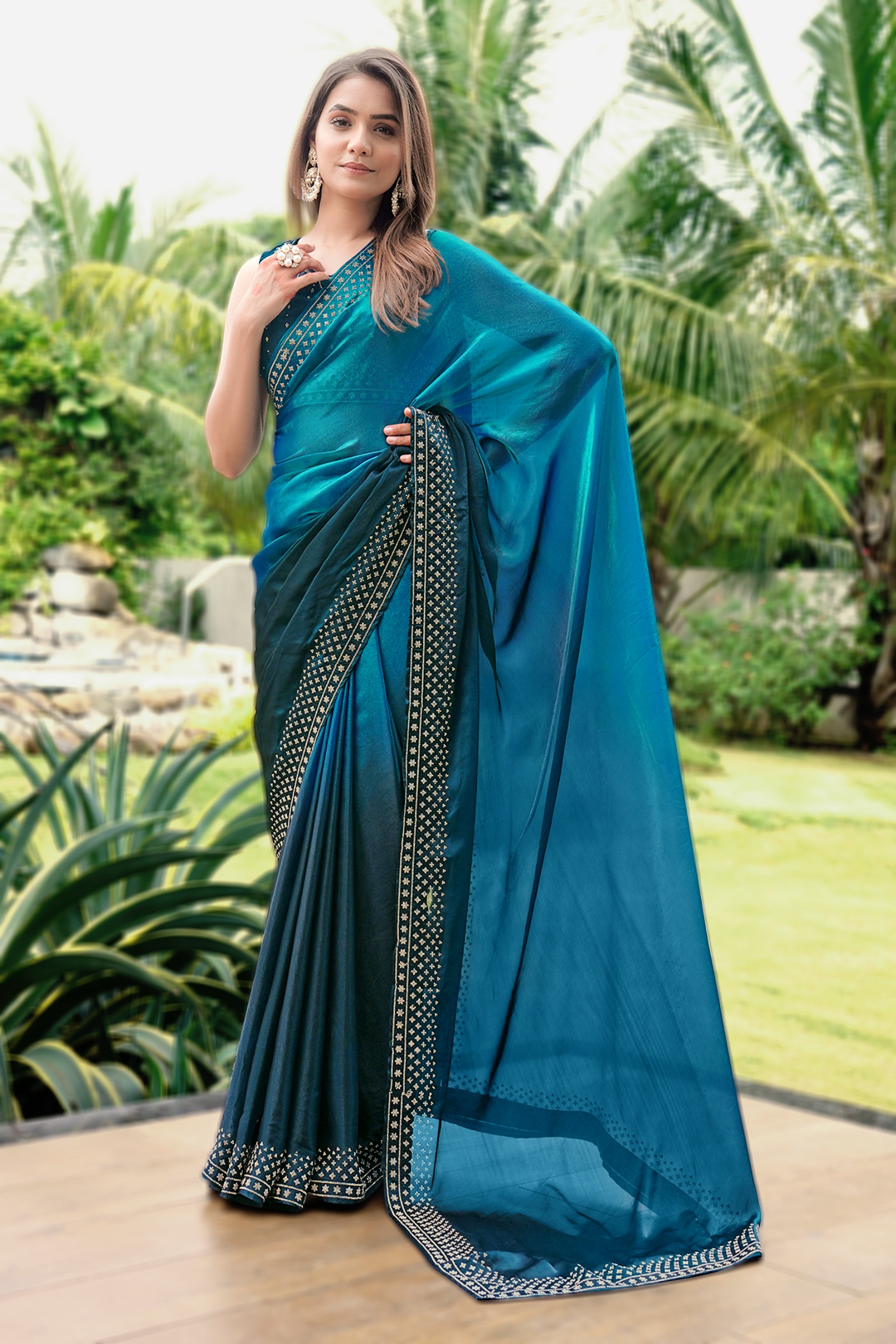 Teal Satin Silk Diamond Border Rich Designer Saree