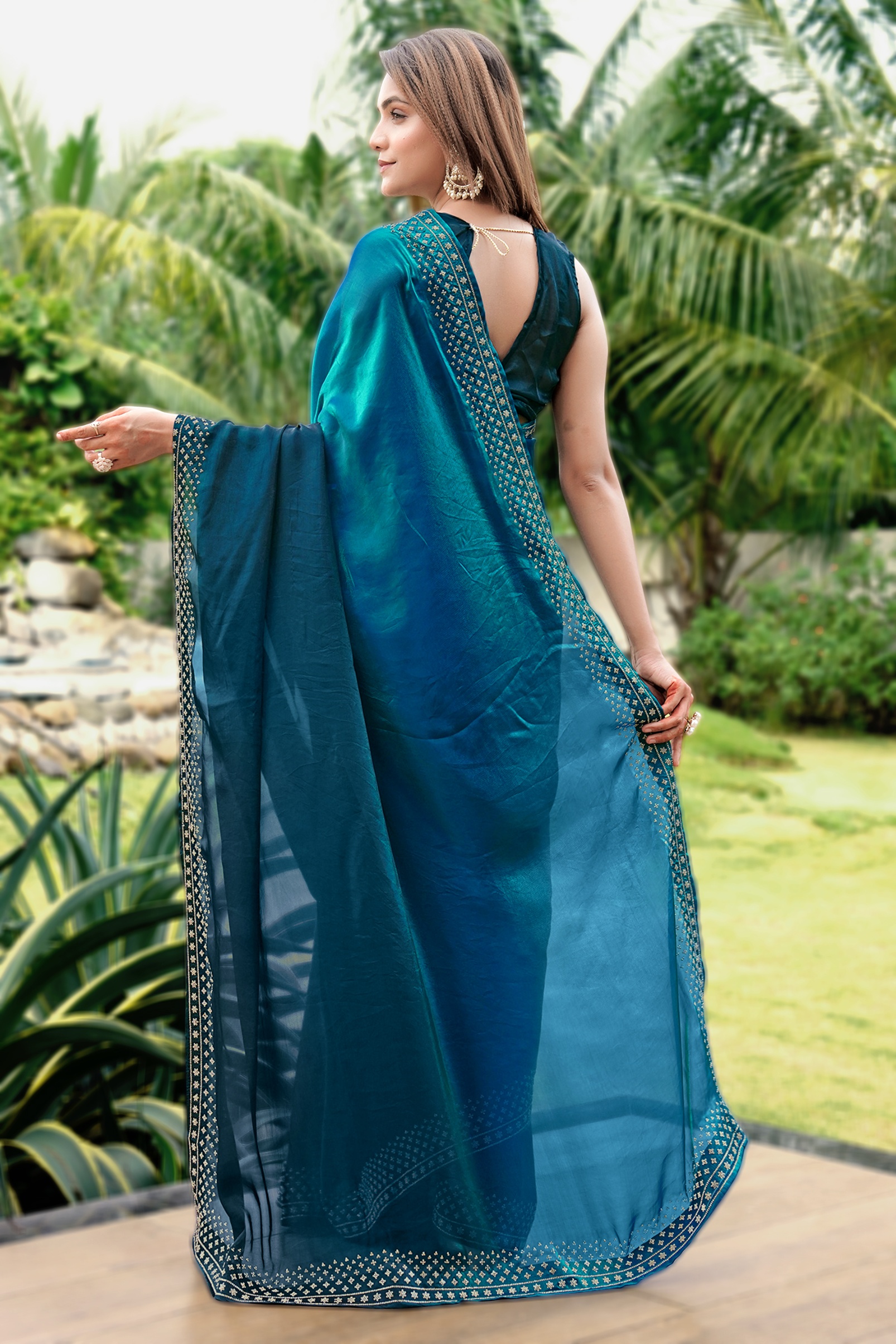 Teal Satin Silk Diamond Border Rich Designer Saree — alternate view