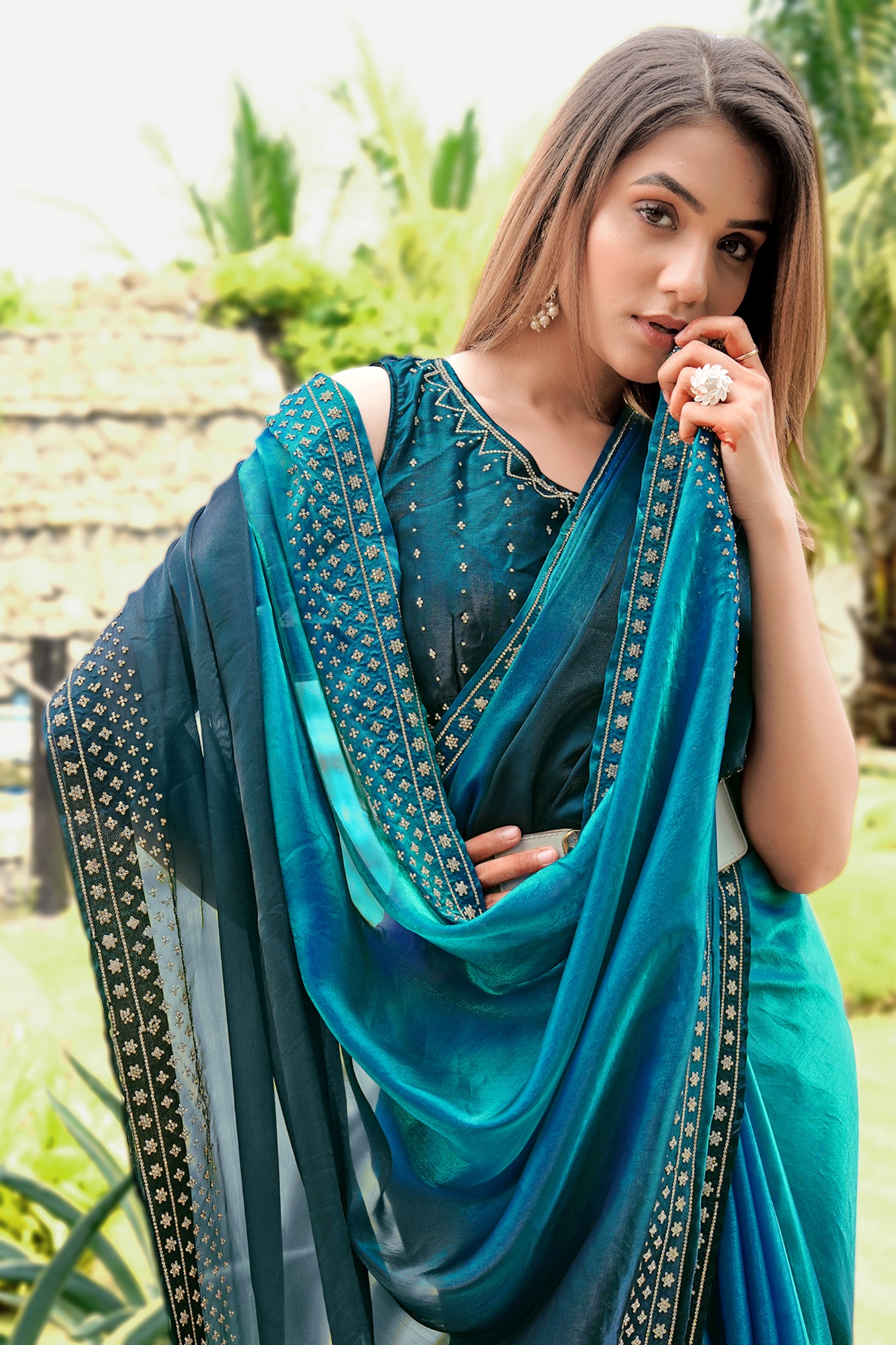 Teal Satin Silk Diamond Border Rich Designer Saree