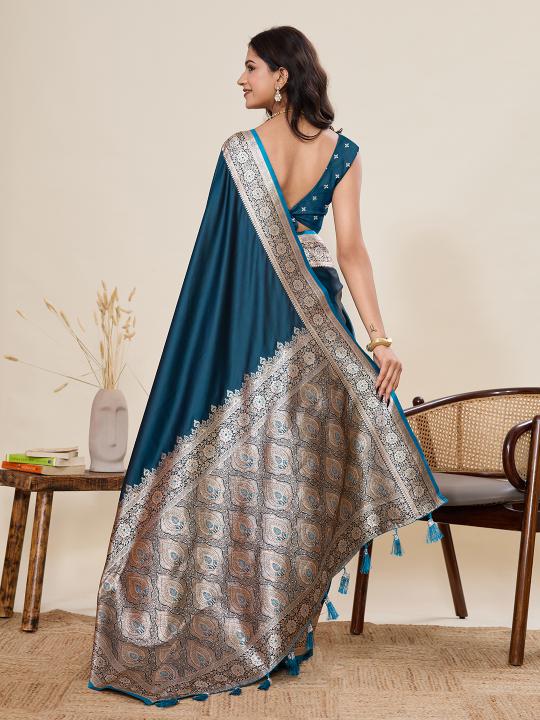 Teal Satin Silk Woven Zari Saree — alternate view
