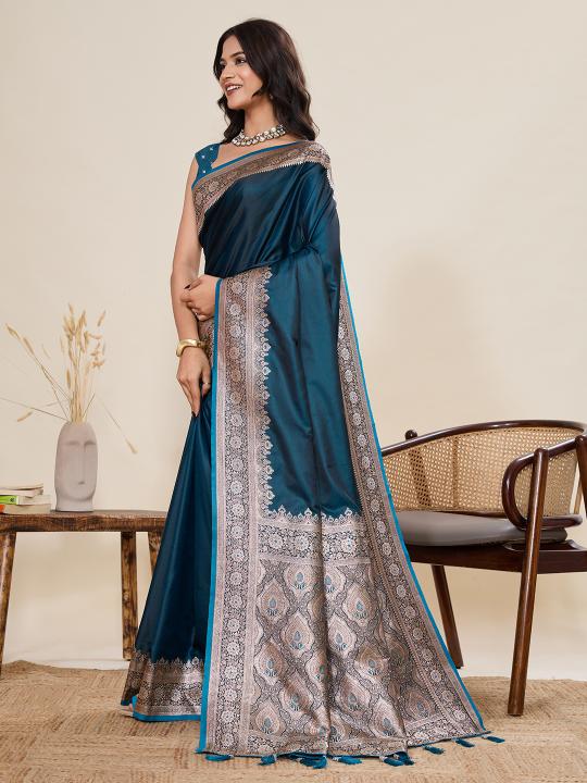 Teal Satin Silk Woven Zari Saree