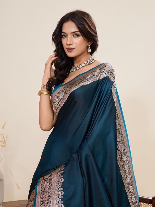 Teal Satin Silk Woven Zari Saree