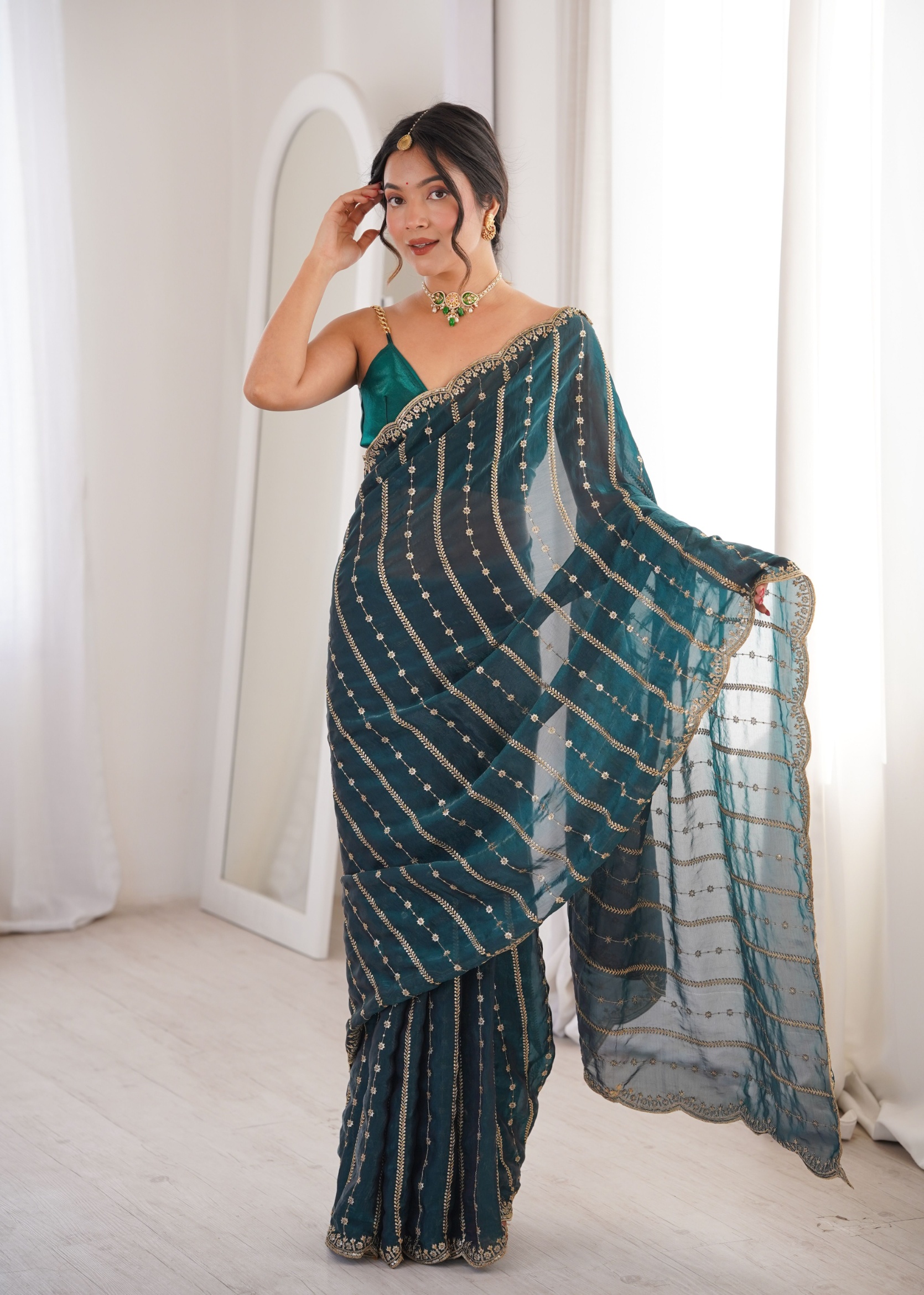 Teal Sequin Embroidered Fendy Satin Saree