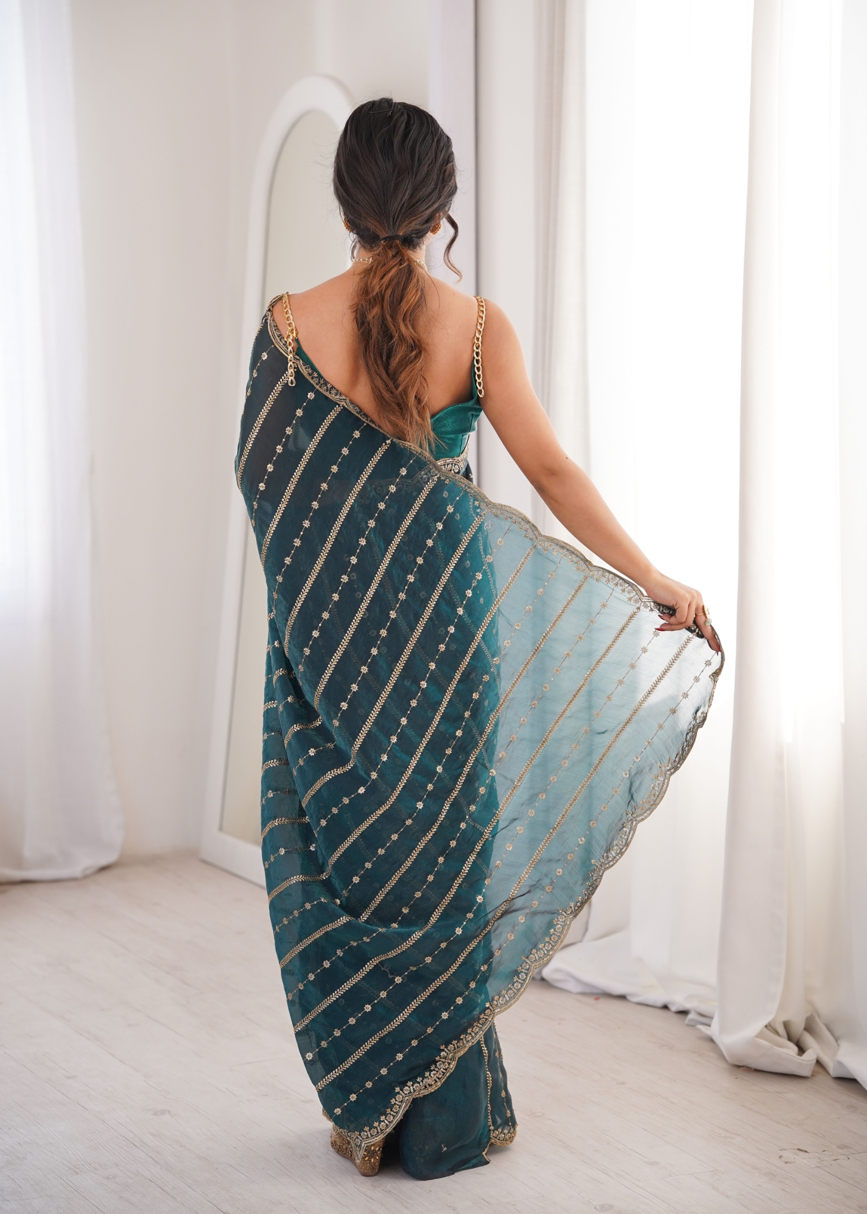 Teal Sequin Embroidered Fendy Satin Saree — alternate view