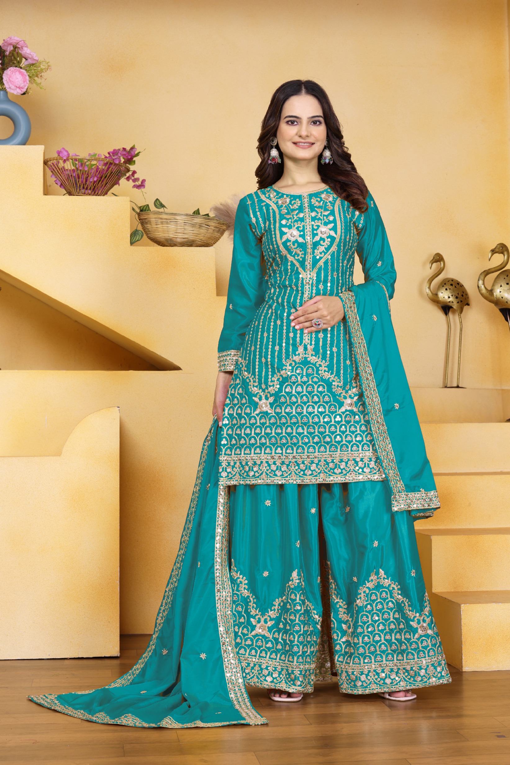 Teal Sequins Embroidered Natural Crepe Salwar Suit