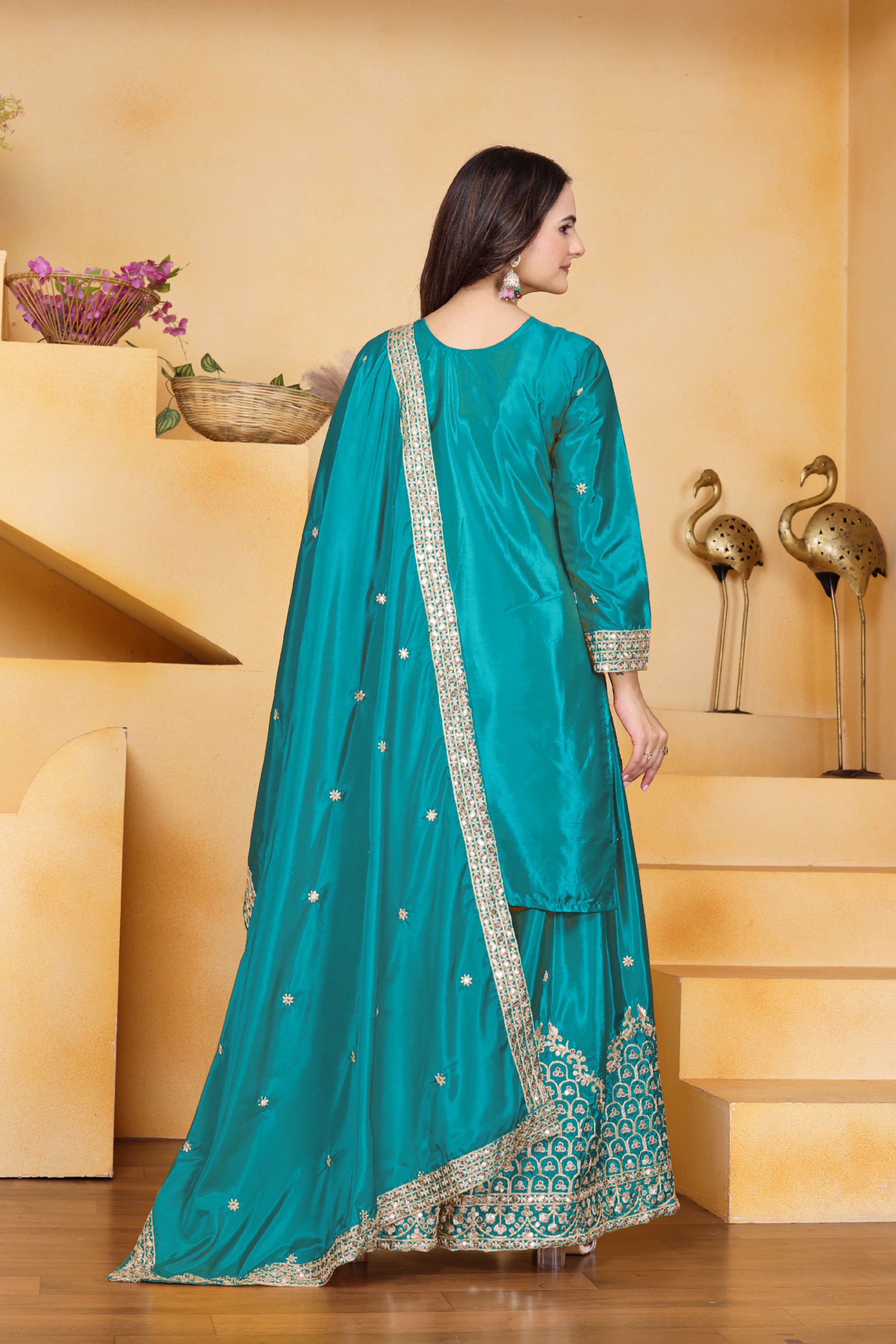 Teal Sequins Embroidered Natural Crepe Salwar Suit — alternate view