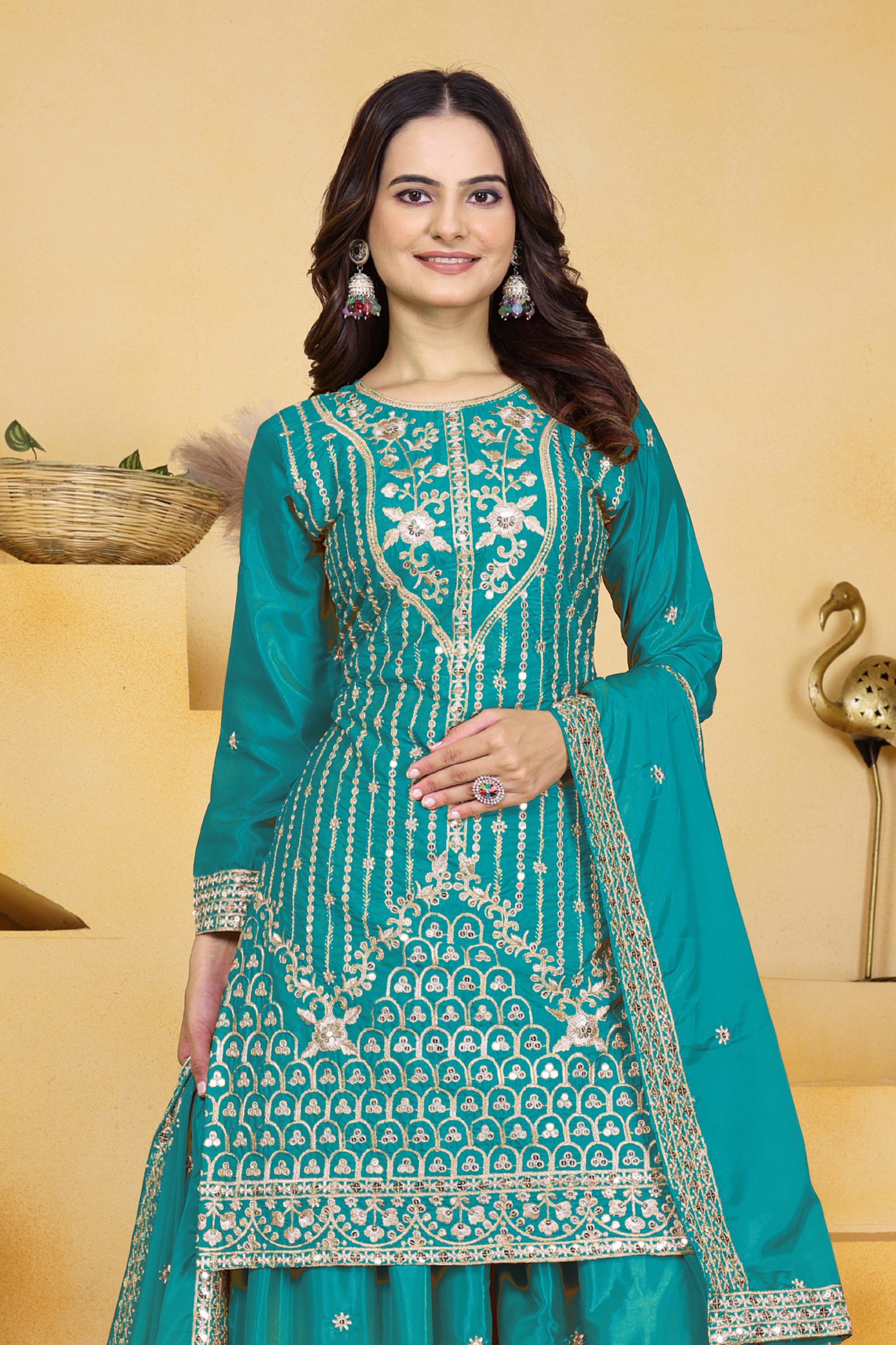 Teal Sequins Embroidered Natural Crepe Salwar Suit