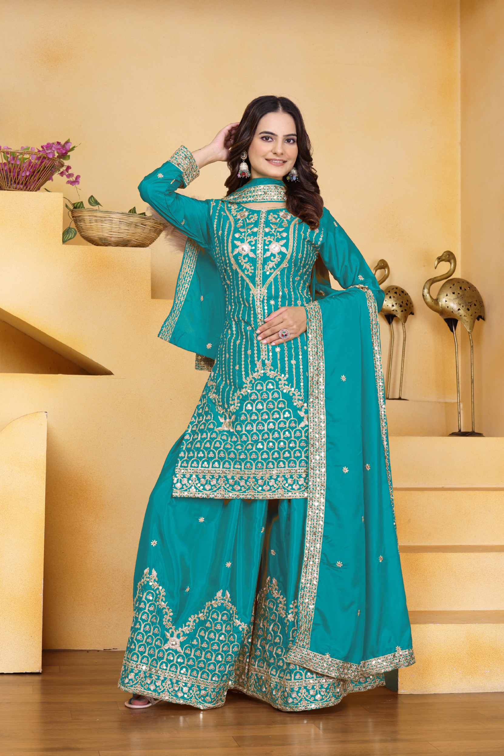 Teal Sequins Embroidered Natural Crepe Salwar Suit