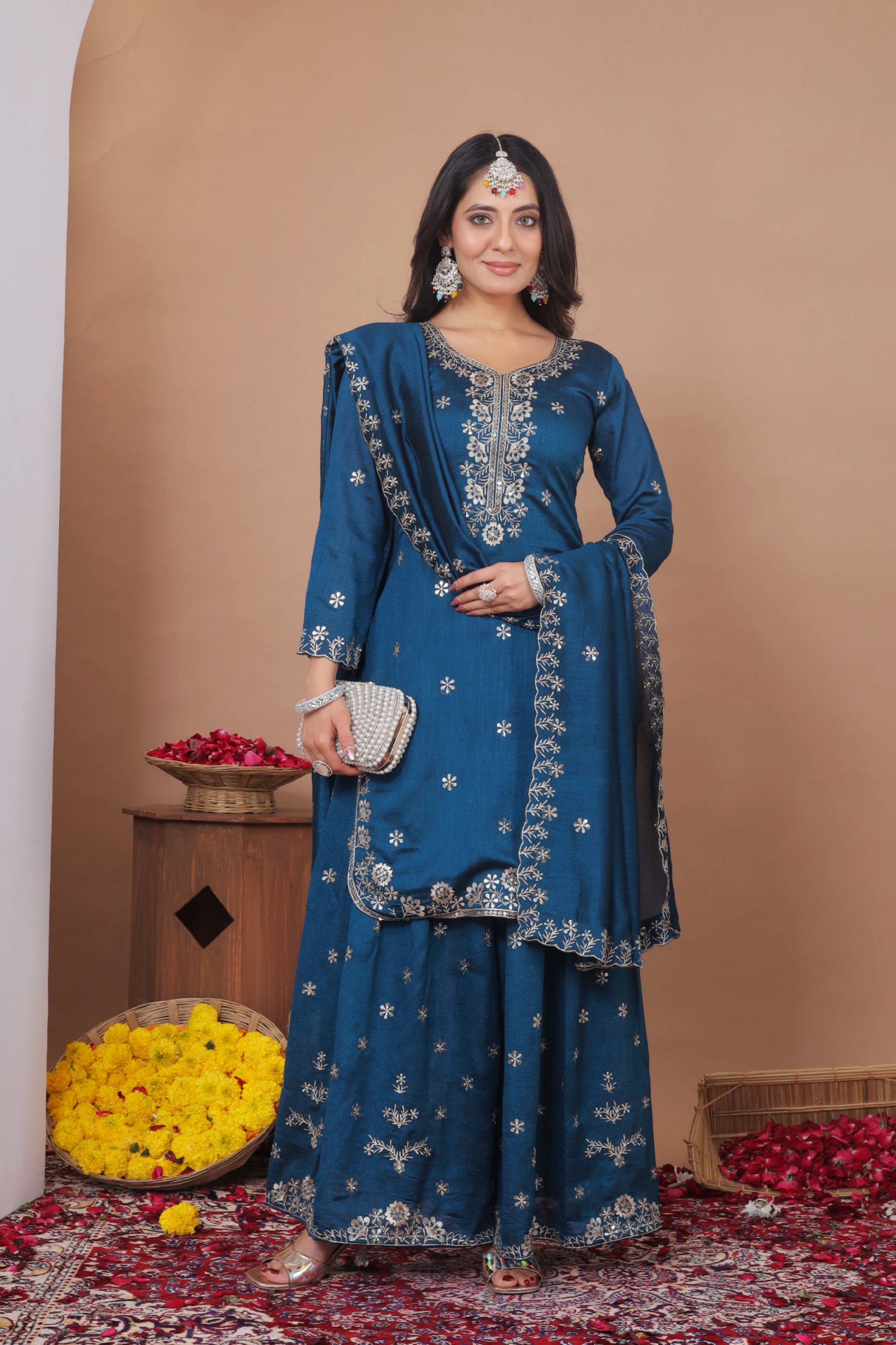 Teal Sequins Embroidered Vichitra Silk Salwar Suit