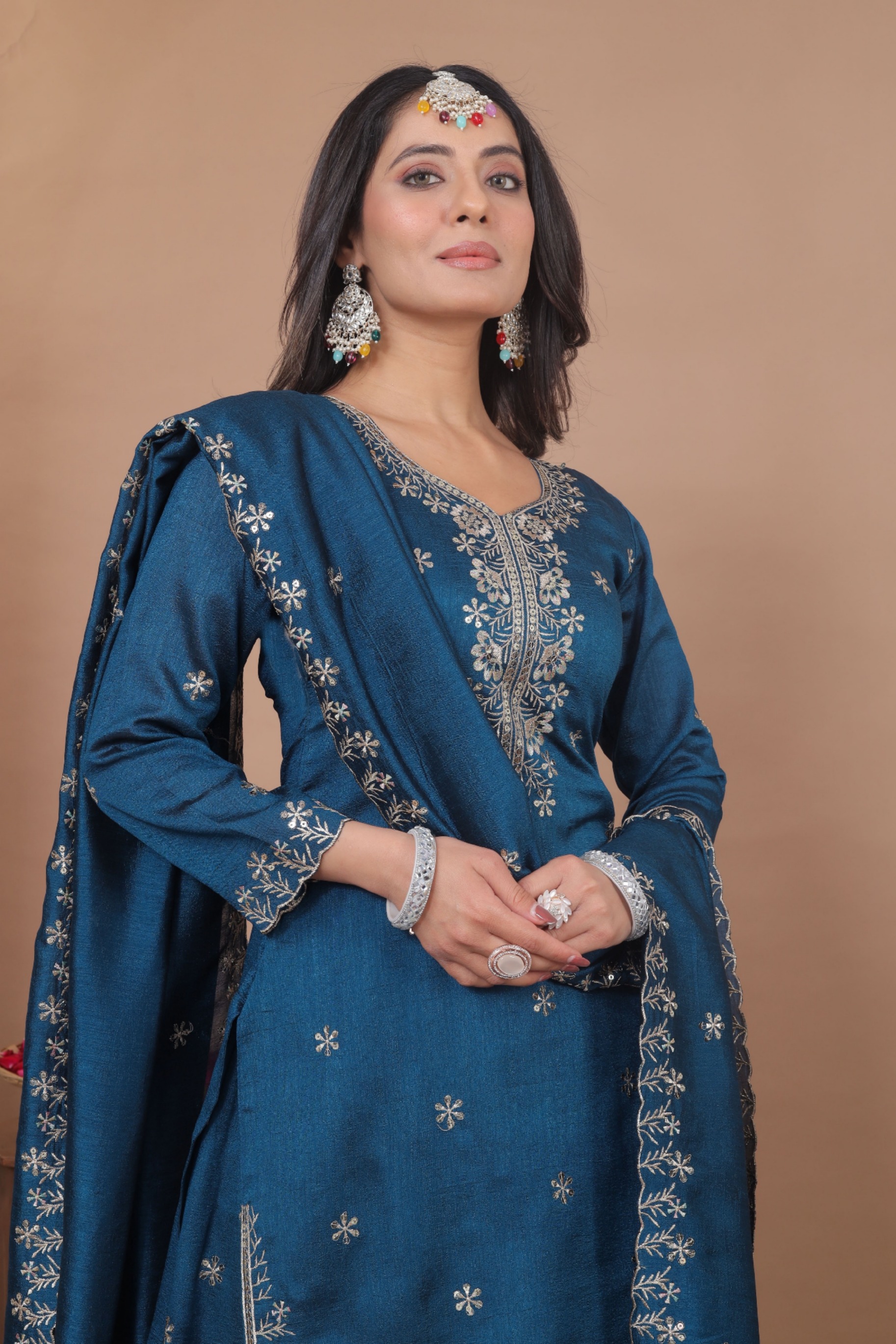 Teal Sequins Embroidered Vichitra Silk Salwar Suit — alternate view