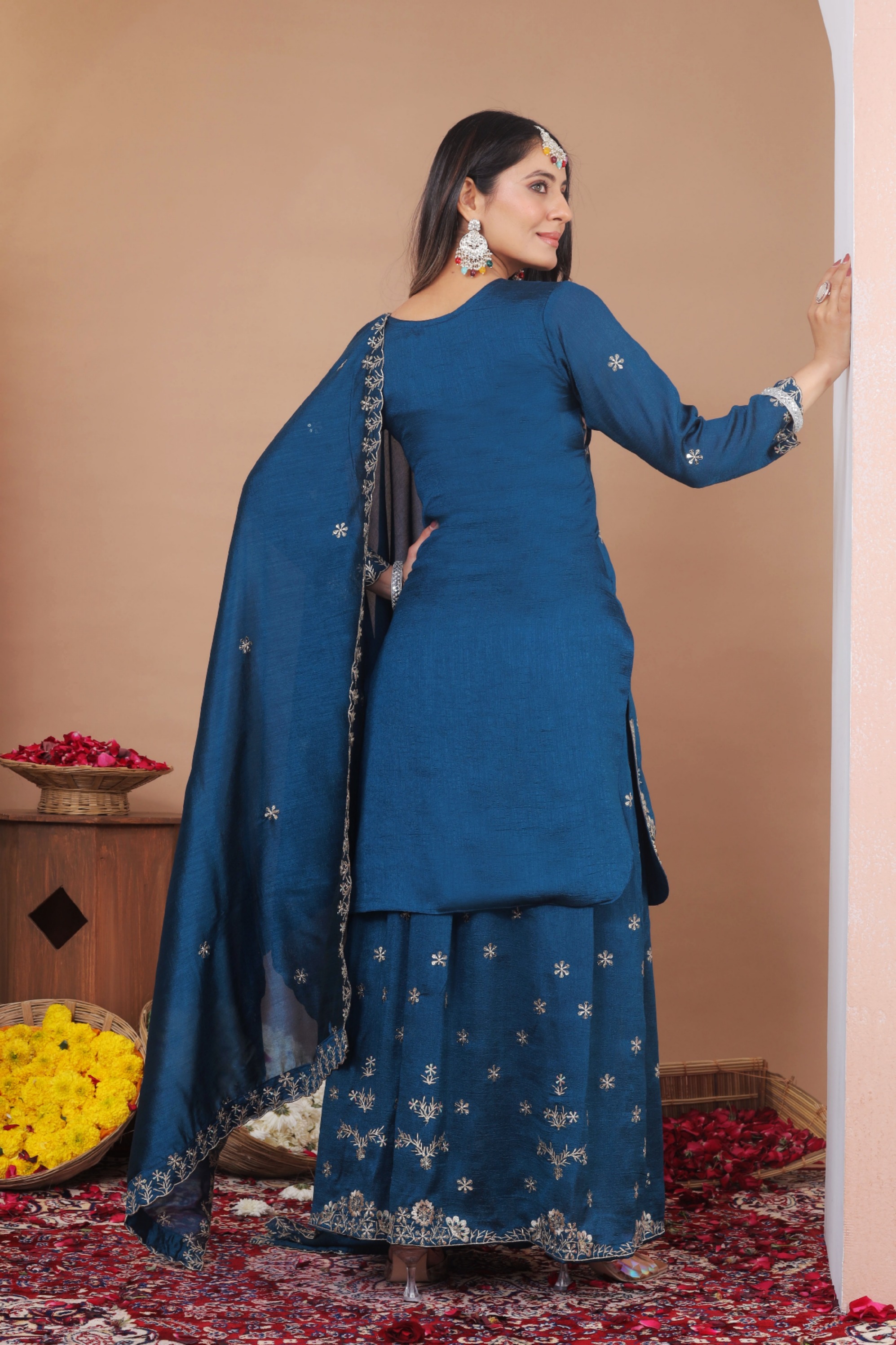 Teal Sequins Embroidered Vichitra Silk Salwar Suit