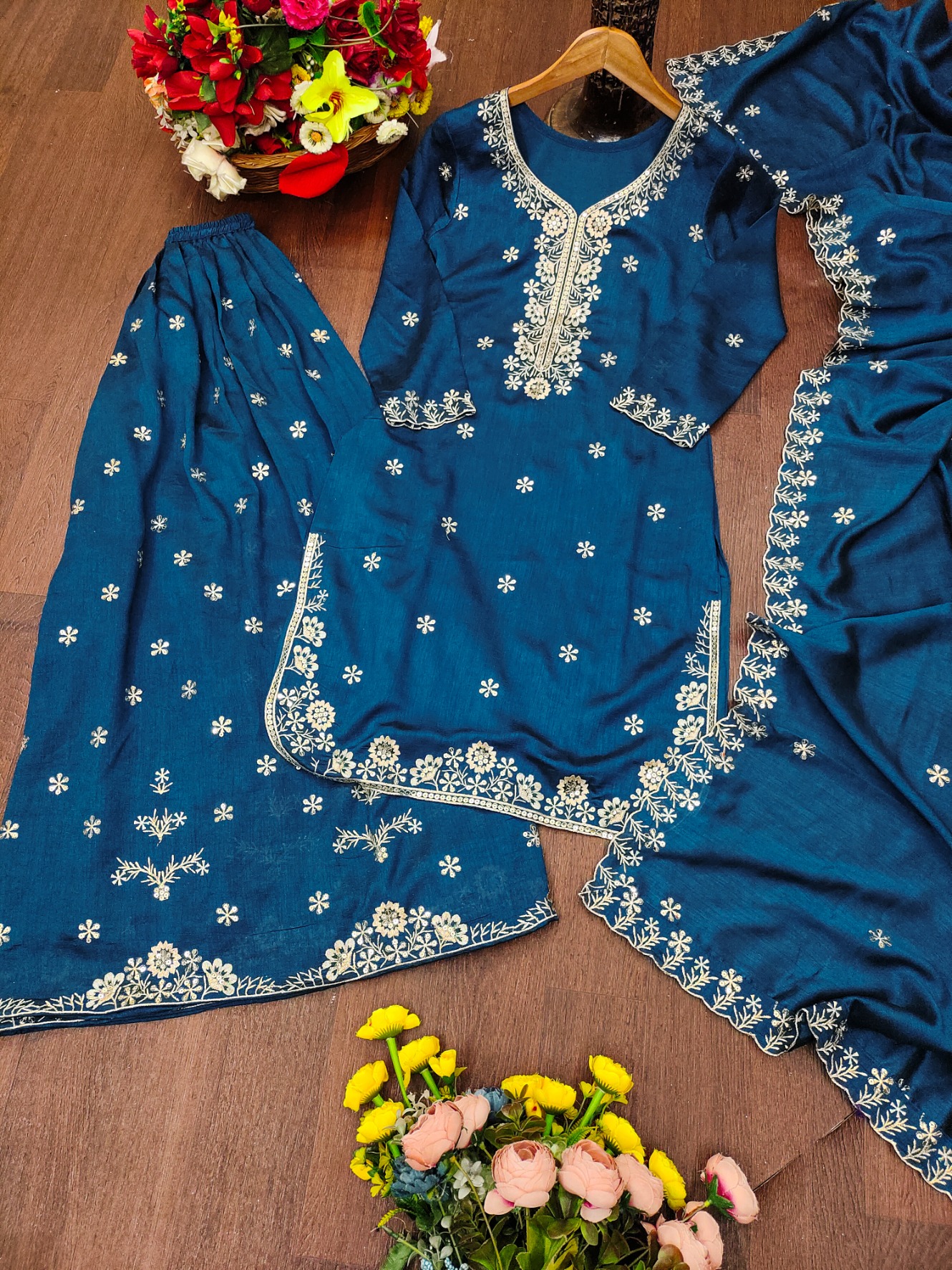 Teal Sequins Embroidered Vichitra Silk Salwar Suit