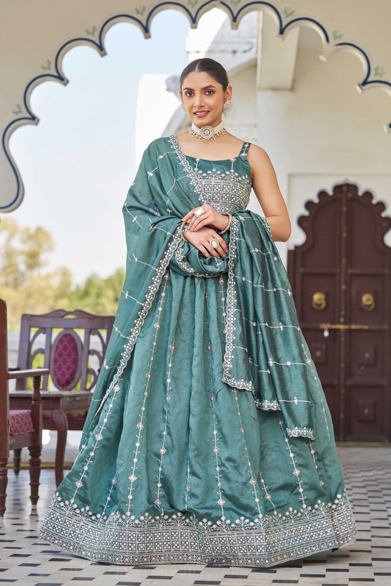 Teal Sequins Silk Designer Lehenga Choli
