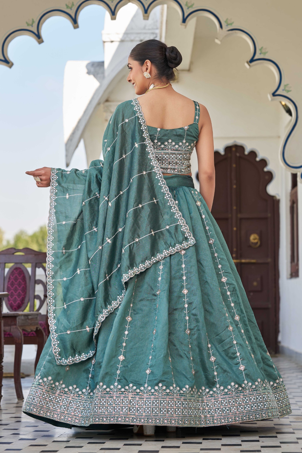 Teal Sequins Silk Designer Lehenga Choli — alternate view