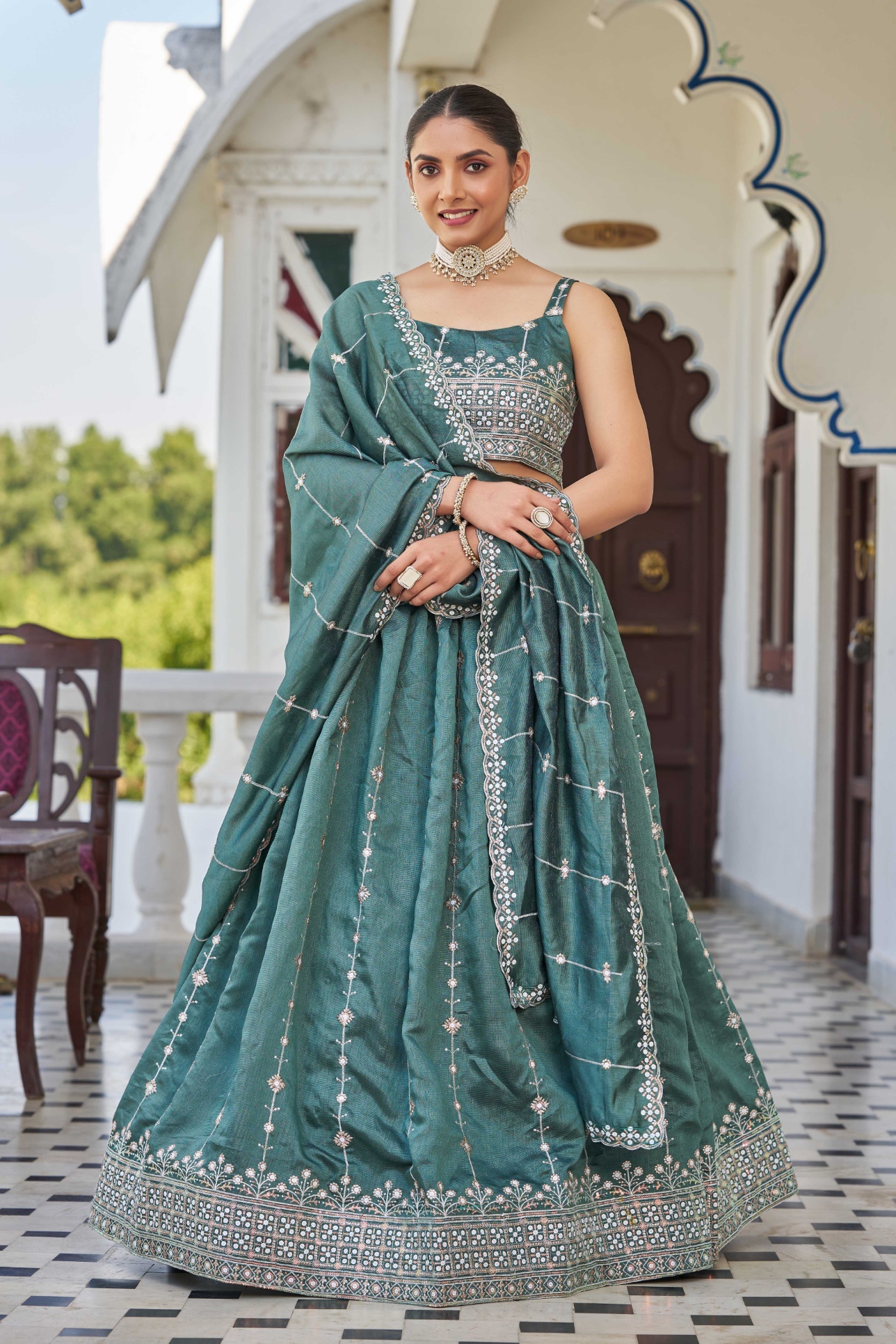 Teal Sequins Silk Designer Lehenga Choli
