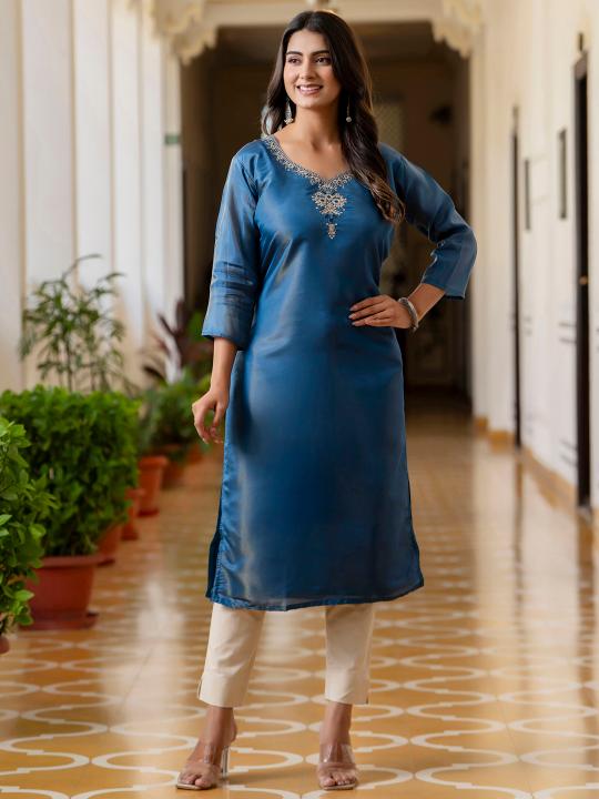 Teal Shimmer Silk Embroidery Kurti
