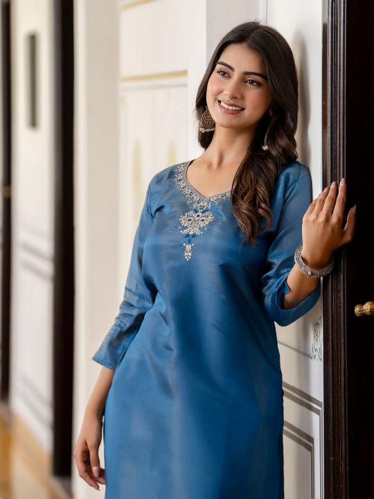 Teal Shimmer Silk Embroidery Kurti — alternate view