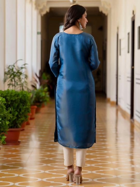 Teal Shimmer Silk Embroidery Kurti