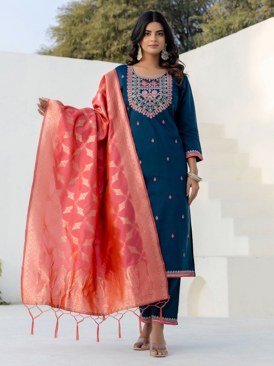 Teal Silk Blend Designer Embroidered Readymade Suit