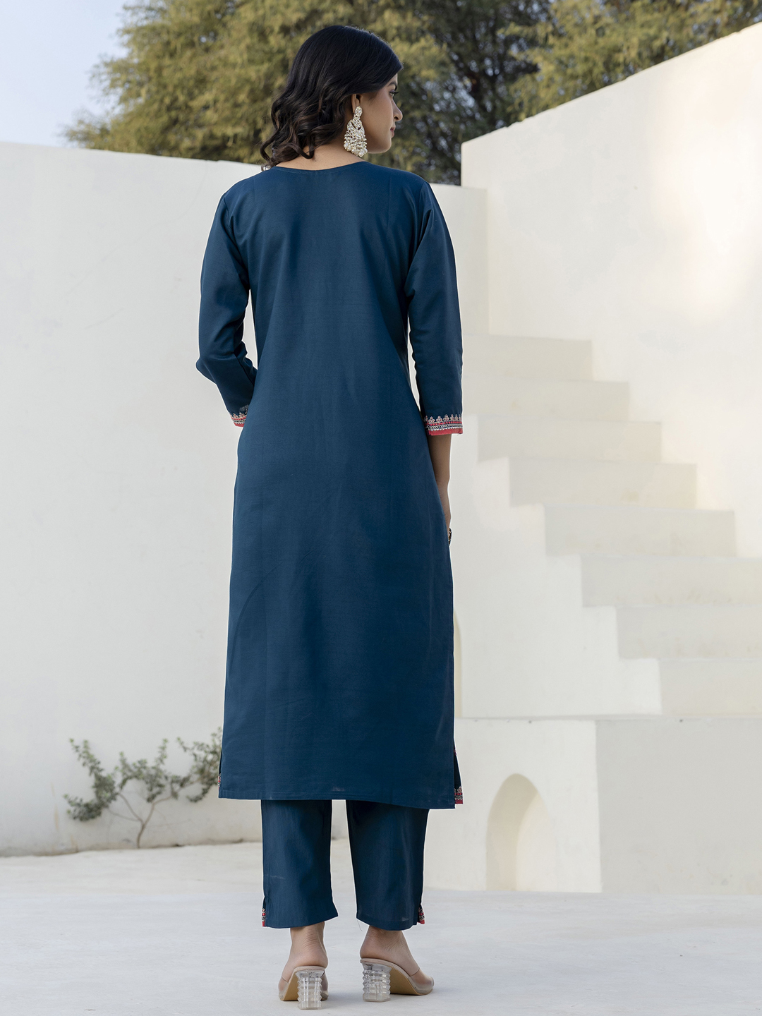 Teal Silk Blend Designer Embroidered Readymade Suit — alternate view