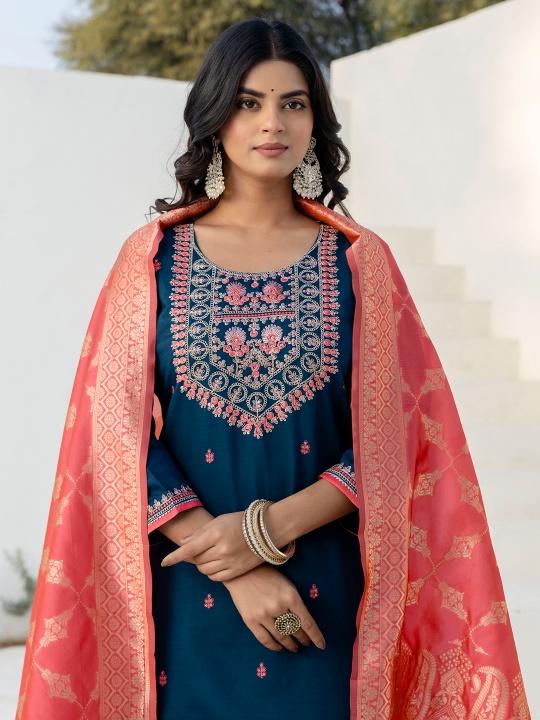 Teal Silk Blend Designer Embroidered Readymade Suit