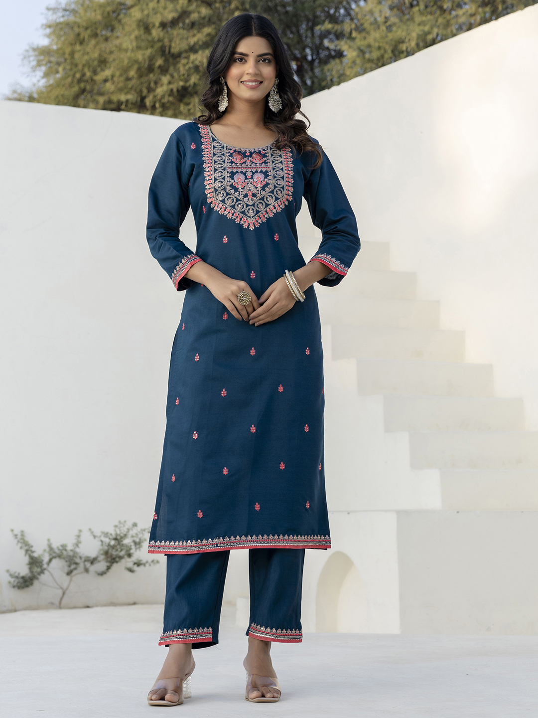 Teal Silk Blend Designer Embroidered Readymade Suit