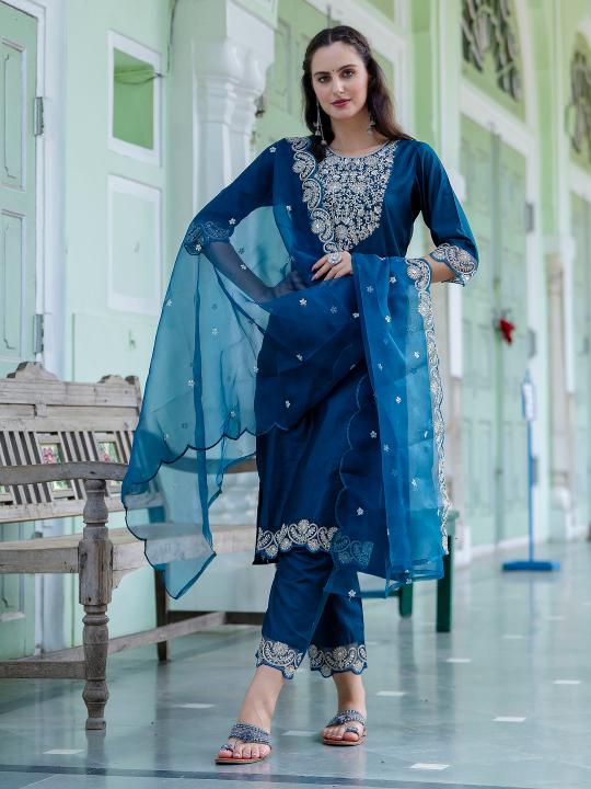 Teal Silk Blend Readymade Suits