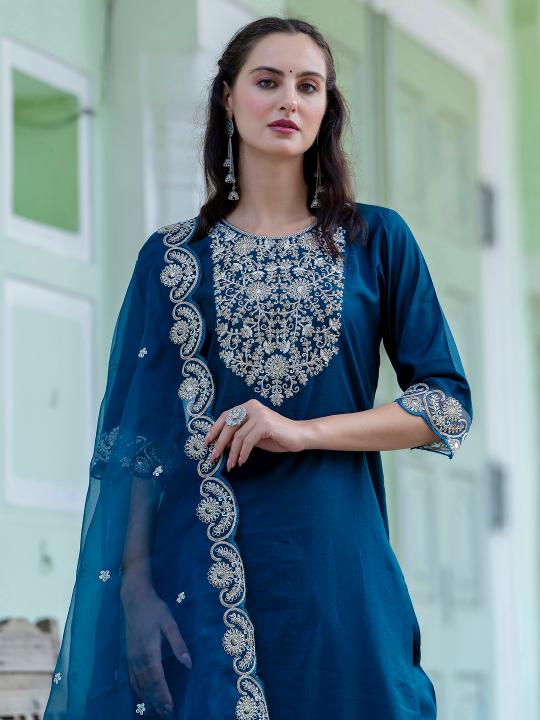 Teal Silk Blend Readymade Suits